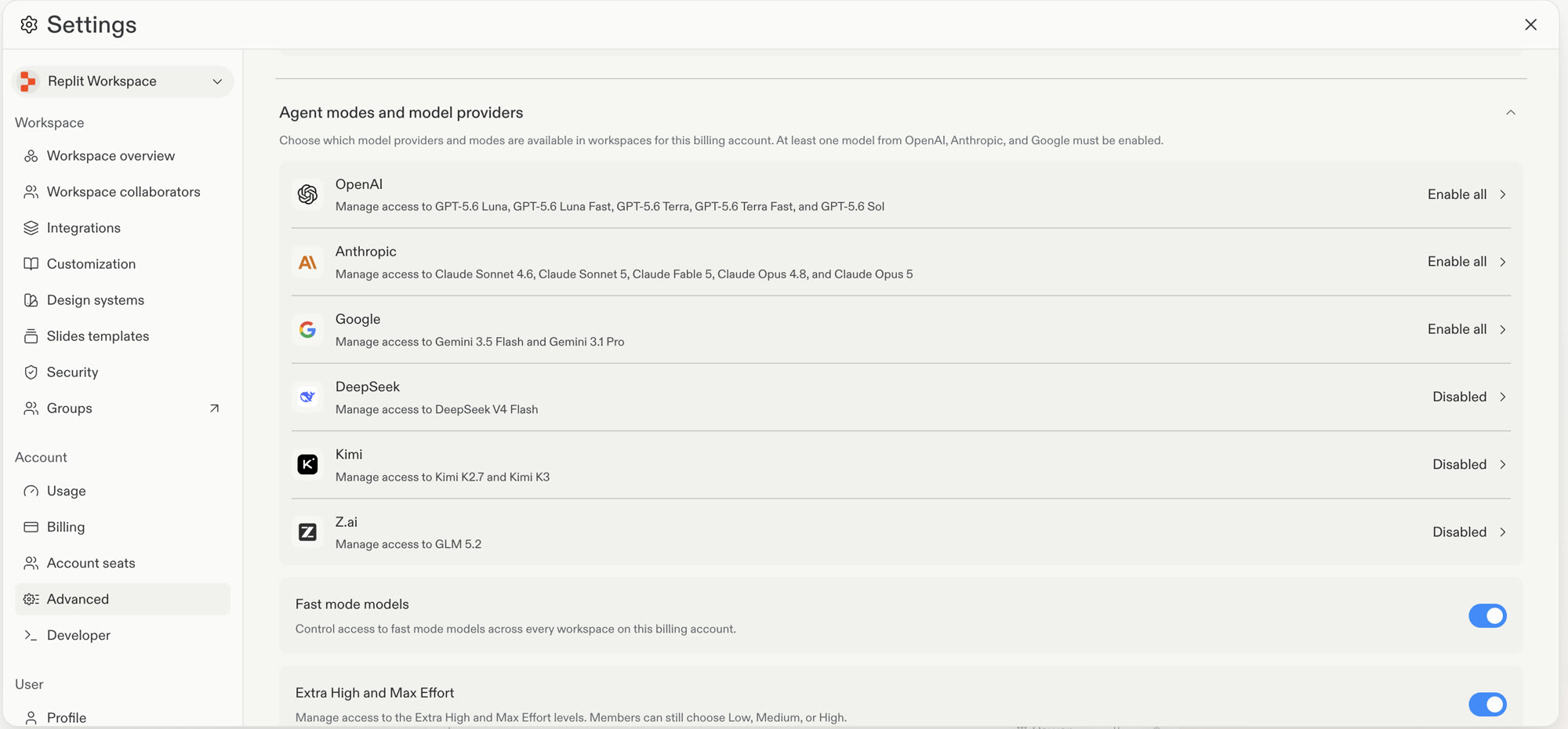 Agent modes and model providers settings with provider policies and the Fast mode models control