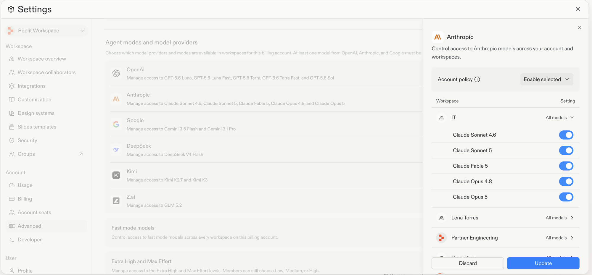 Anthropic account policy set to Enable selected with model toggles for a Workspace