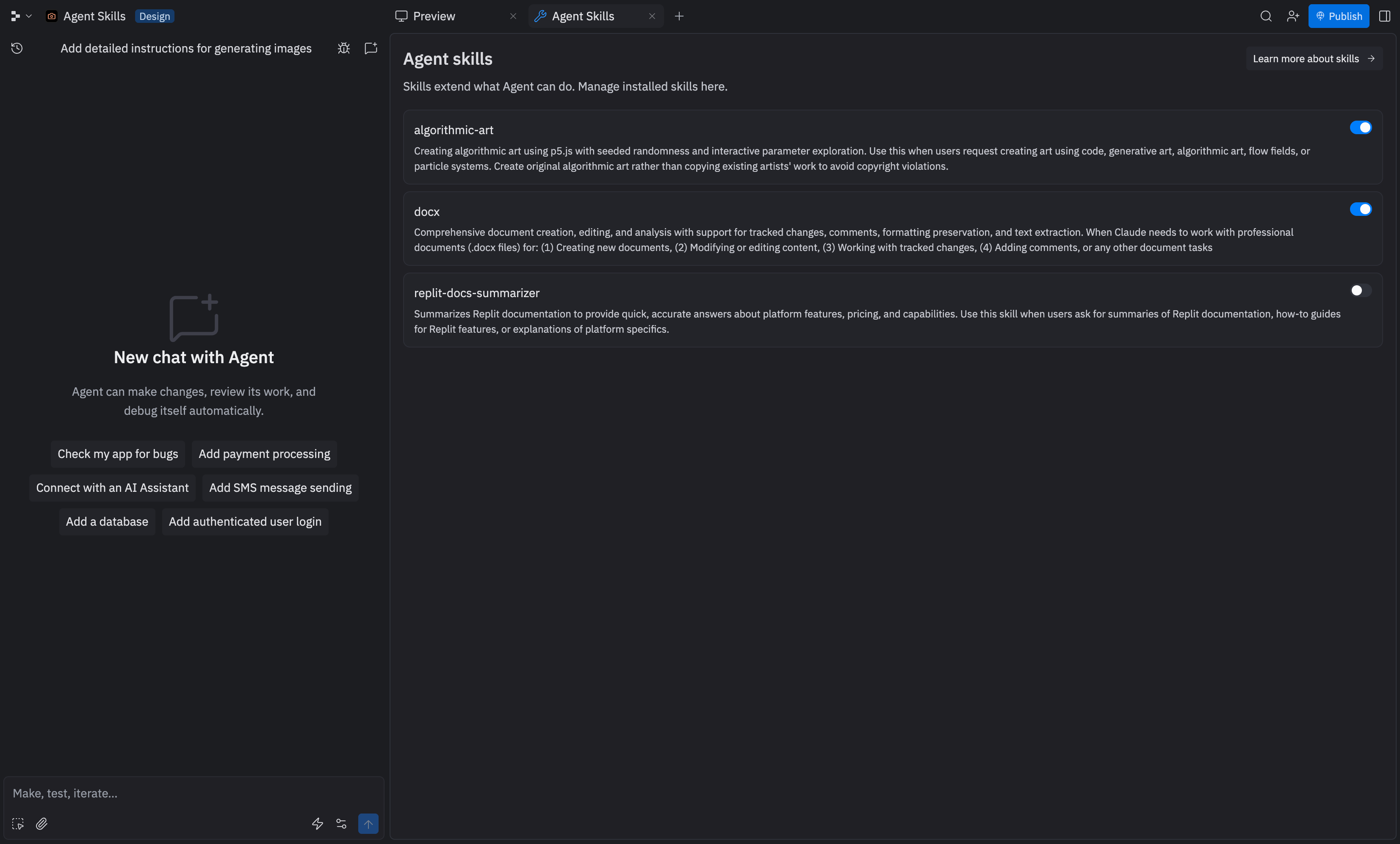 Agent Skills pane showing installed skills