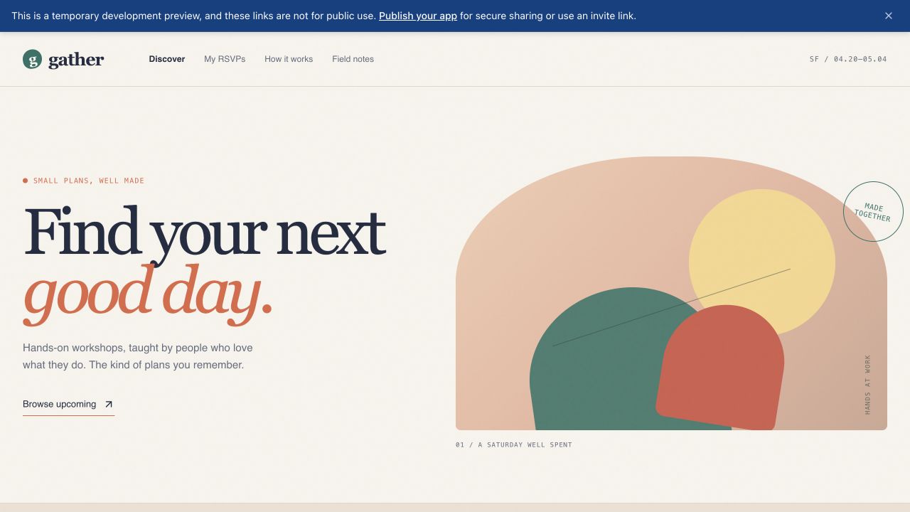 The Gather development preview with a banner explaining that the URL is temporary and linking to Publish your app for secure sharing