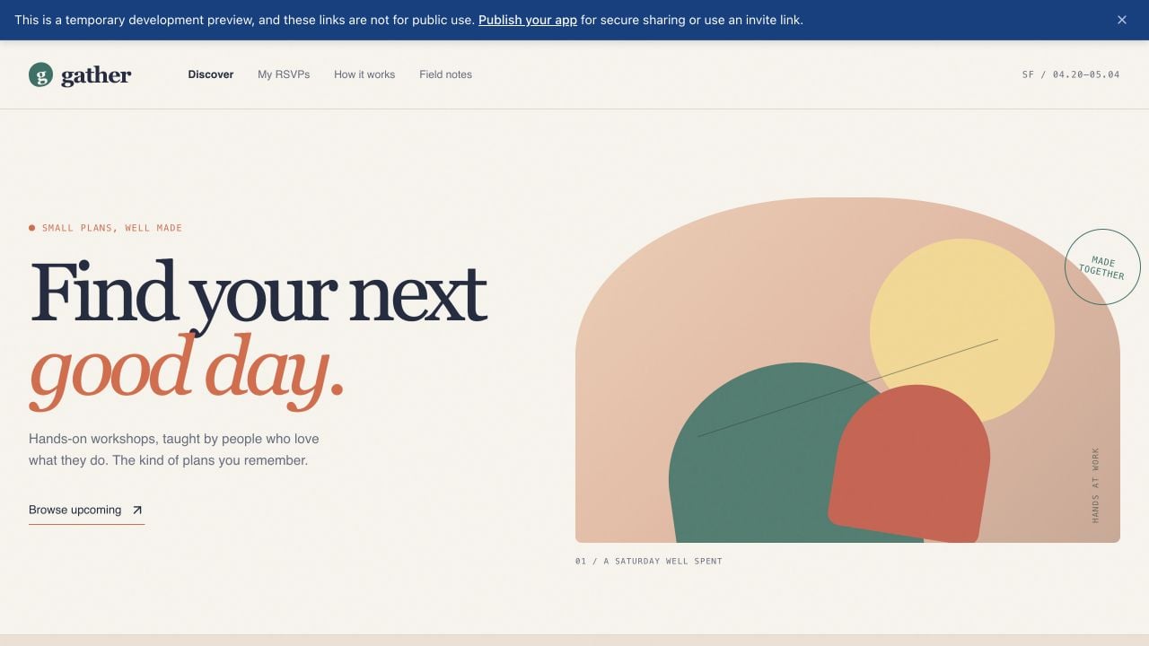 The Gather development preview with a banner explaining that the URL is temporary and linking to Publish your app for secure sharing