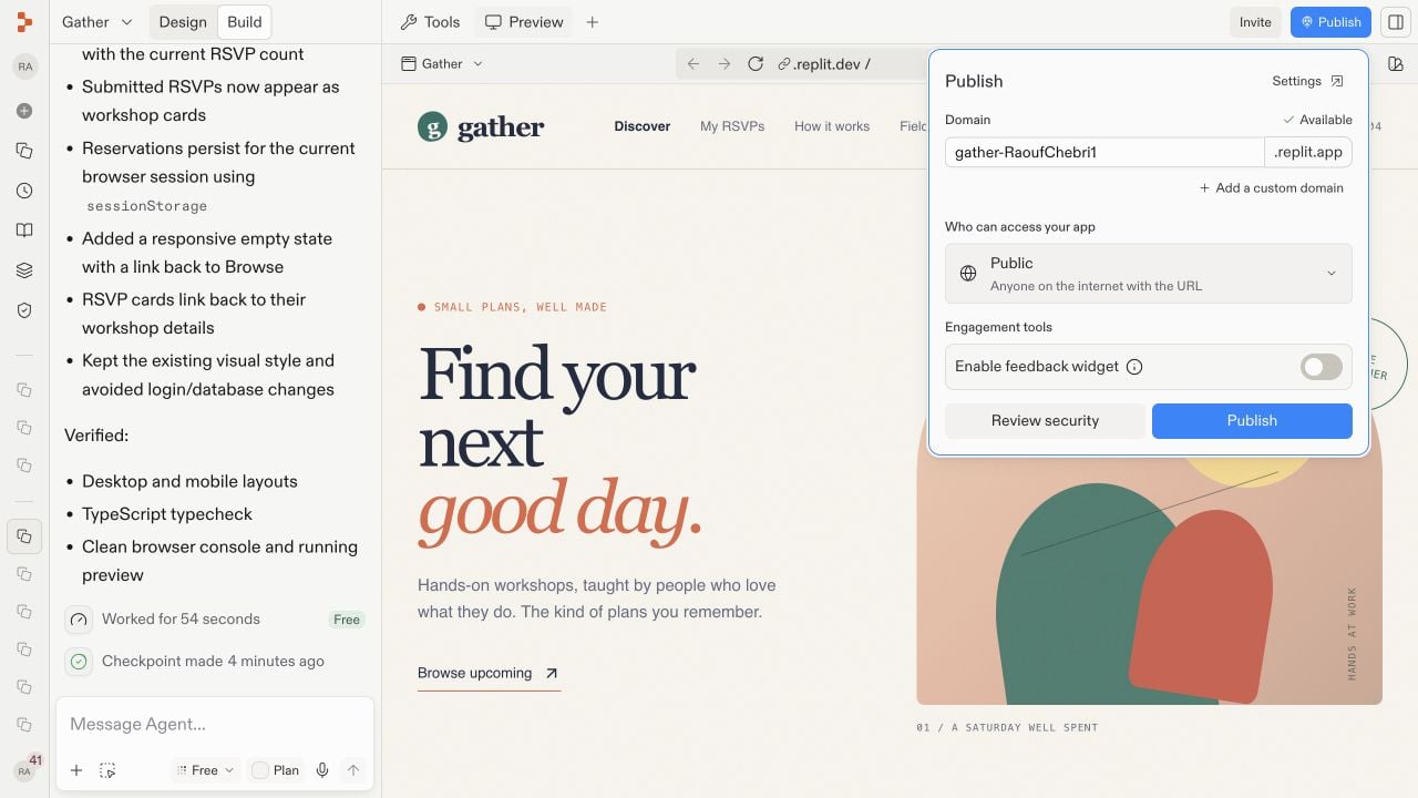 The Gather Publish dialog showing its generated domain, public access setting, feedback widget, security review, and Publish button