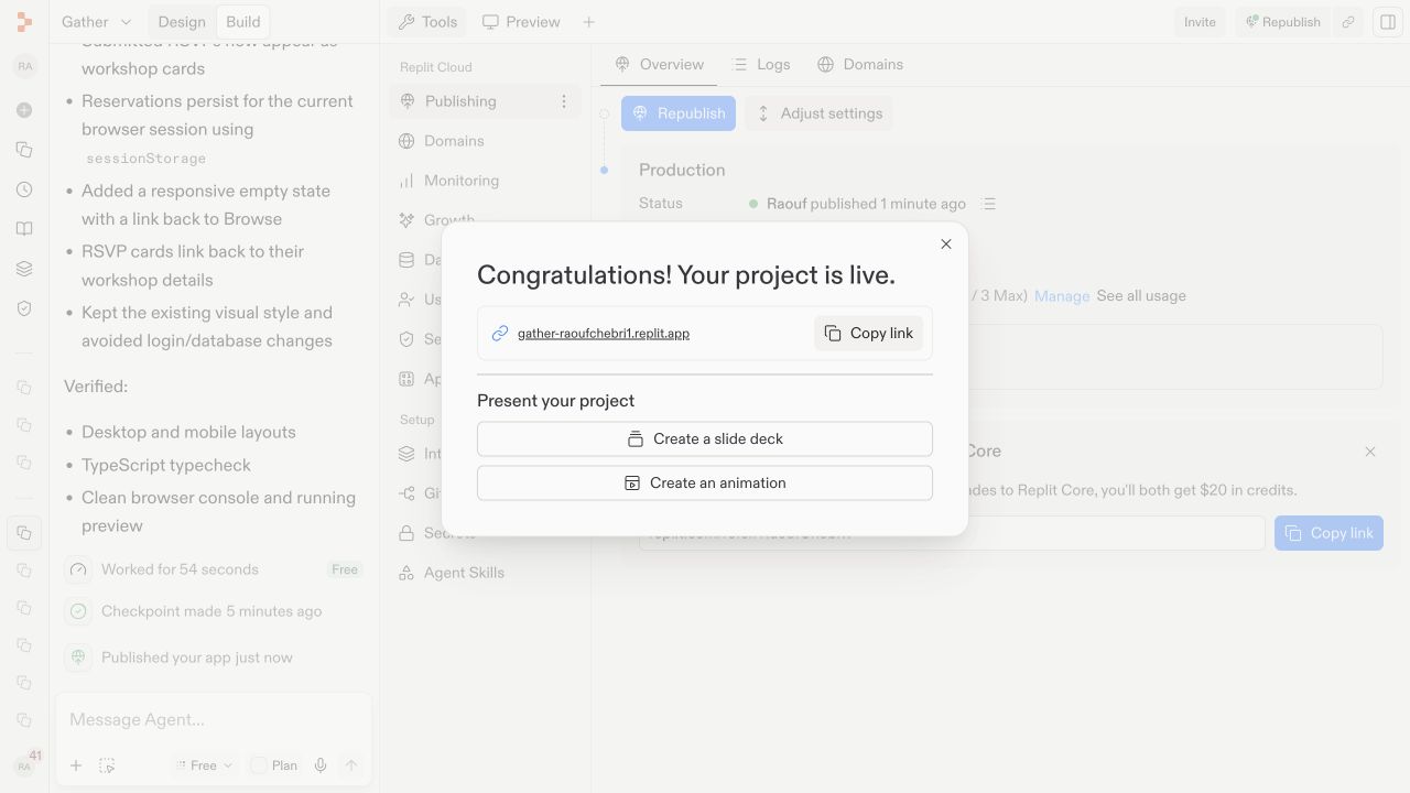 The Gather project after publishing, showing the successful production status and live URL
