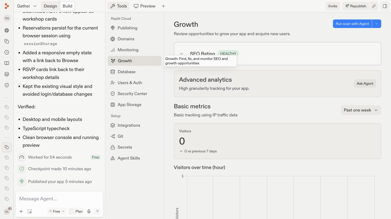 The Gather Growth pane showing SEO status and basic visitor analytics for the published app