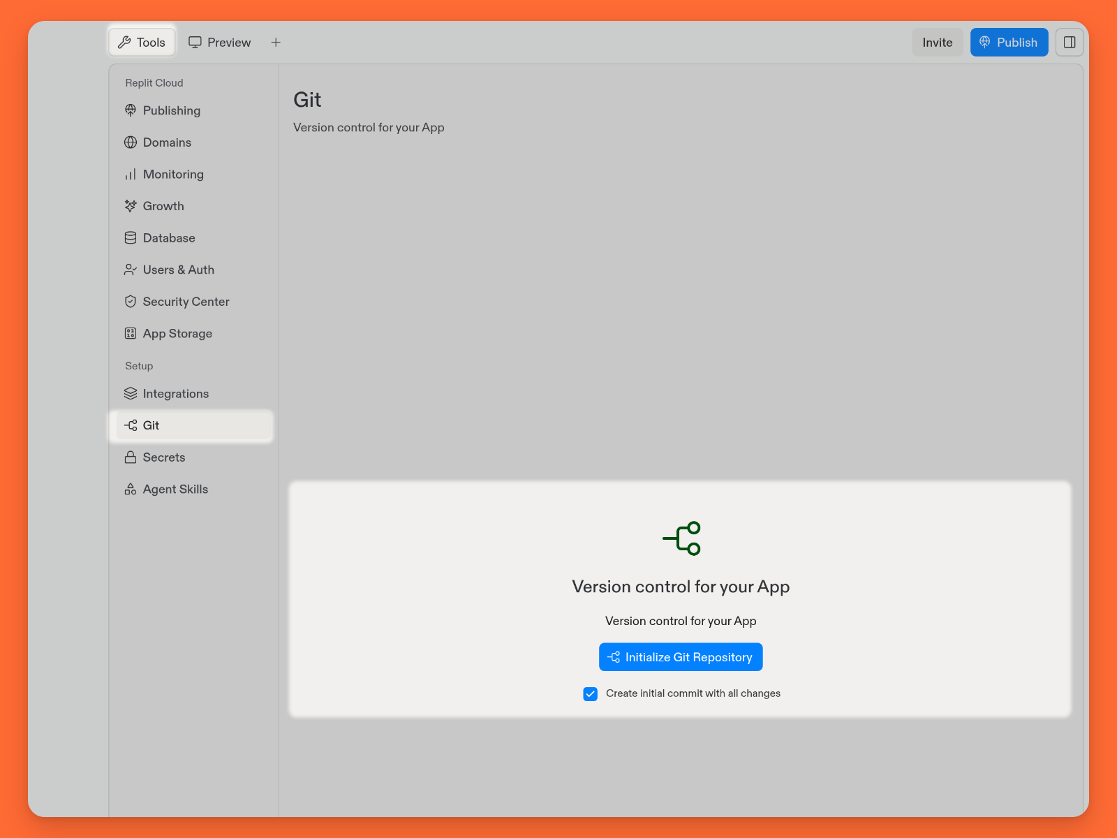 Tools navigation with Git selected under Setup and the Initialize Git Repository action emphasized