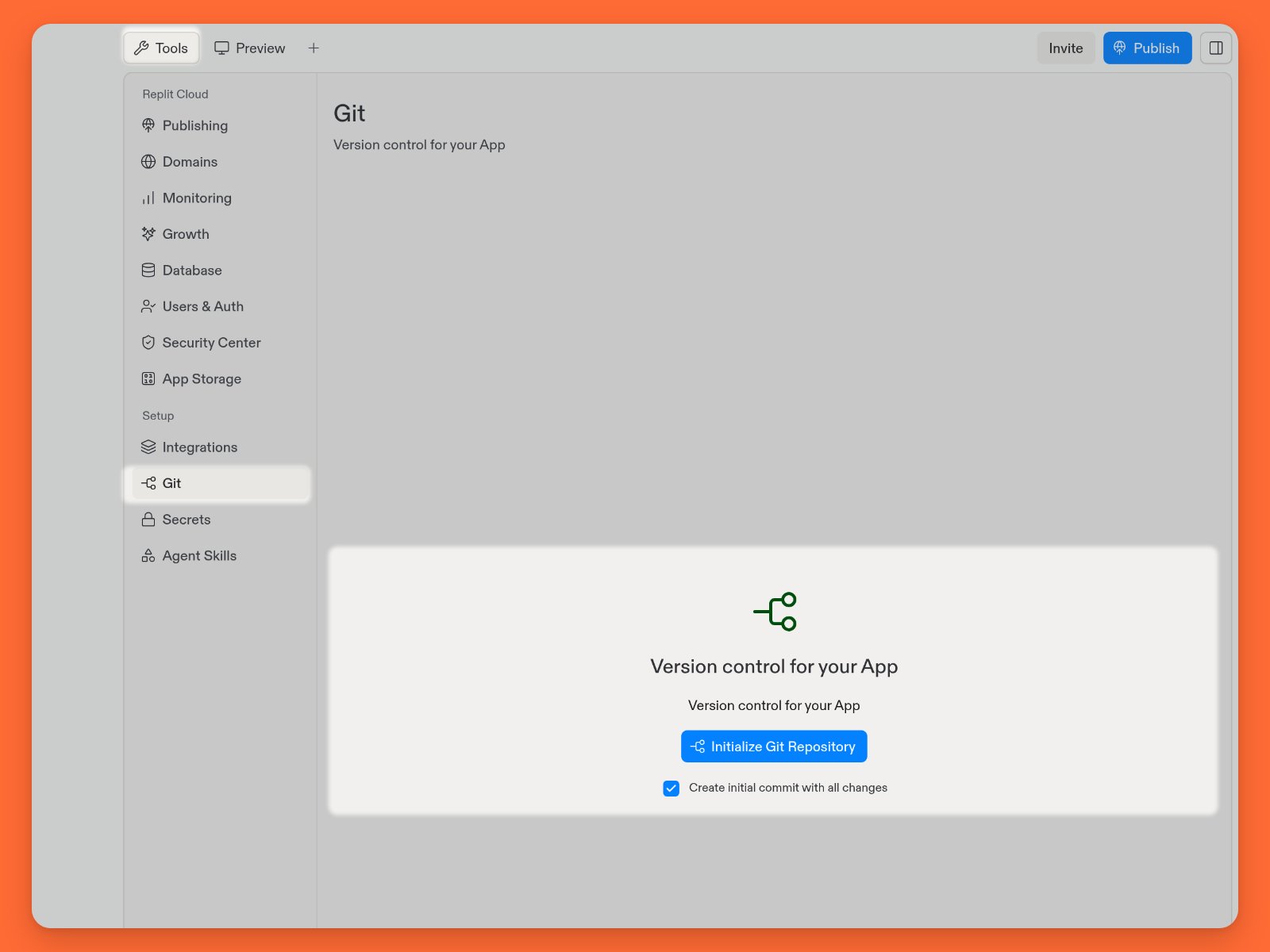 Tools navigation with Git selected under Setup and the Initialize Git Repository action emphasized