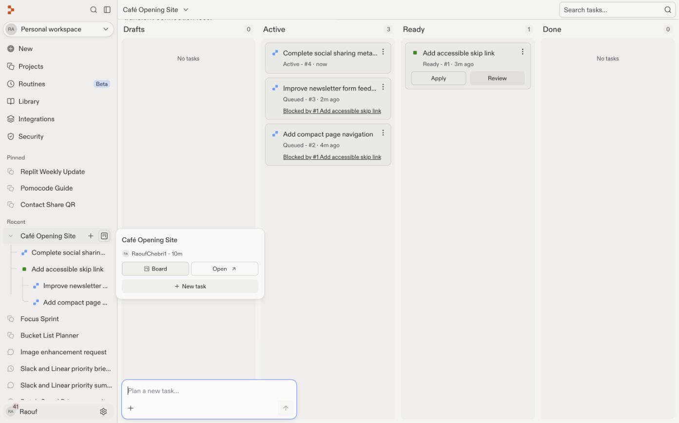Café Opening Site task board showing one independent task running while two tasks wait for a prerequisite