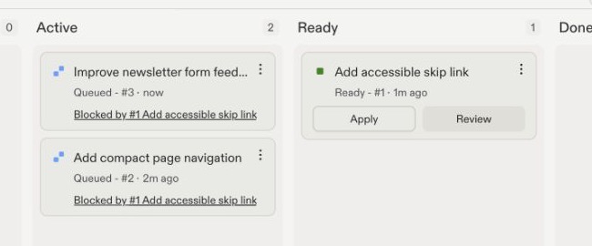 Task board with a completed prerequisite in Ready and visible Apply and Review actions
