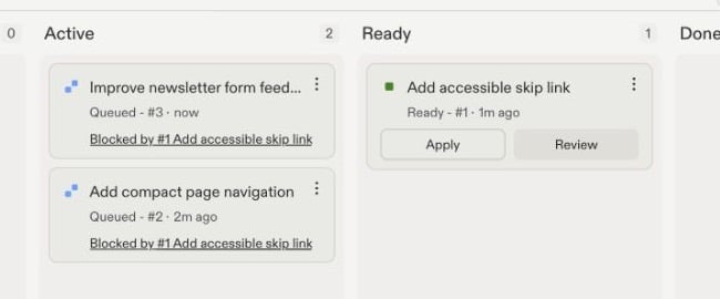 Task board with a completed prerequisite in Ready and visible Apply and Review actions