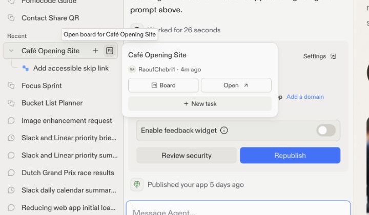 Project board shortcut menu with Board, Open, and New task actions