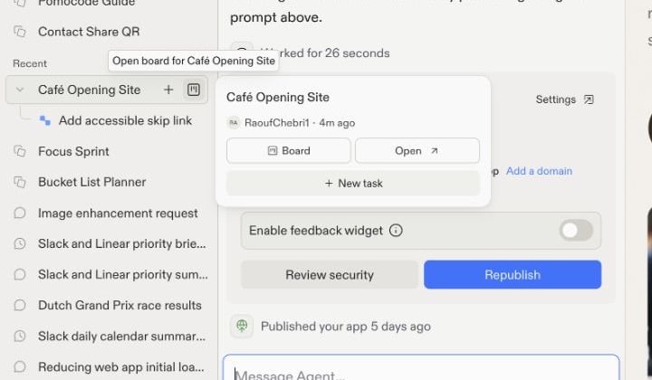 Project board shortcut menu with Board, Open, and New task actions