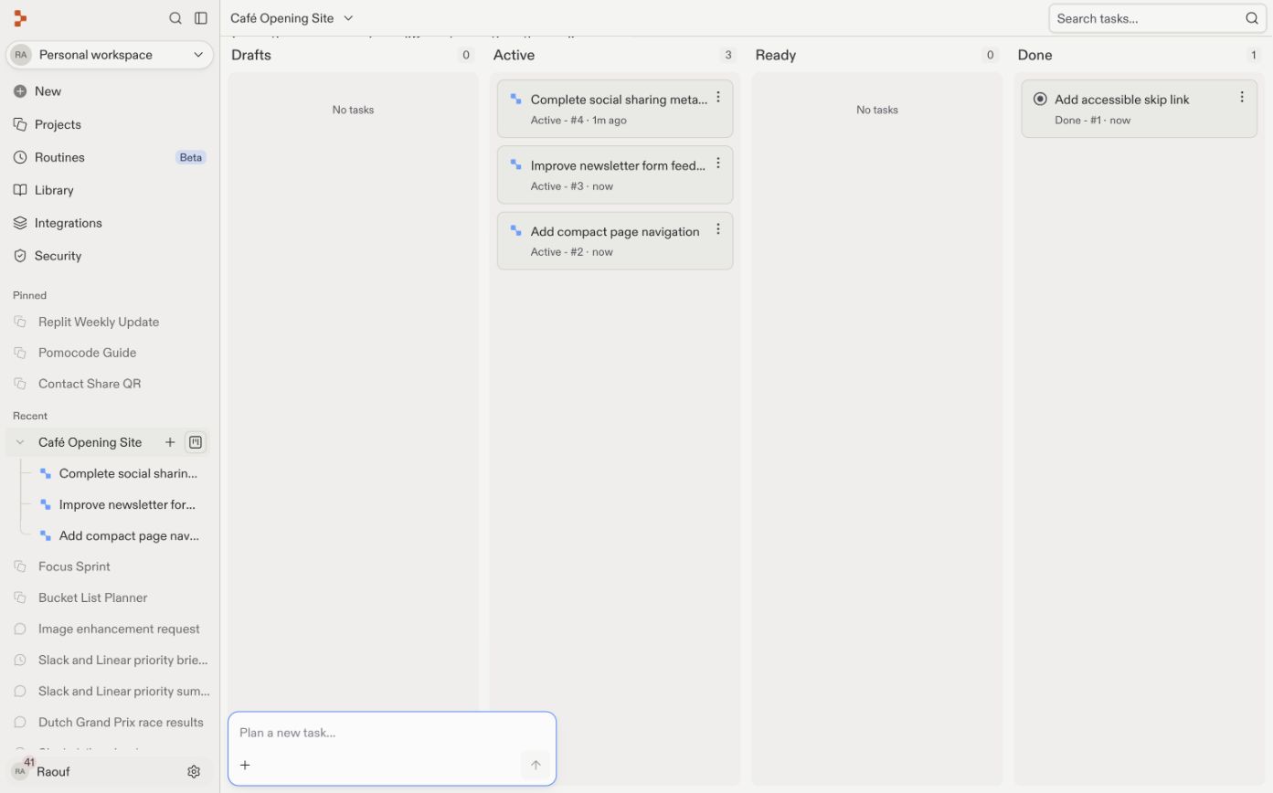 Task board after applying task one, with its dependent tasks automatically active