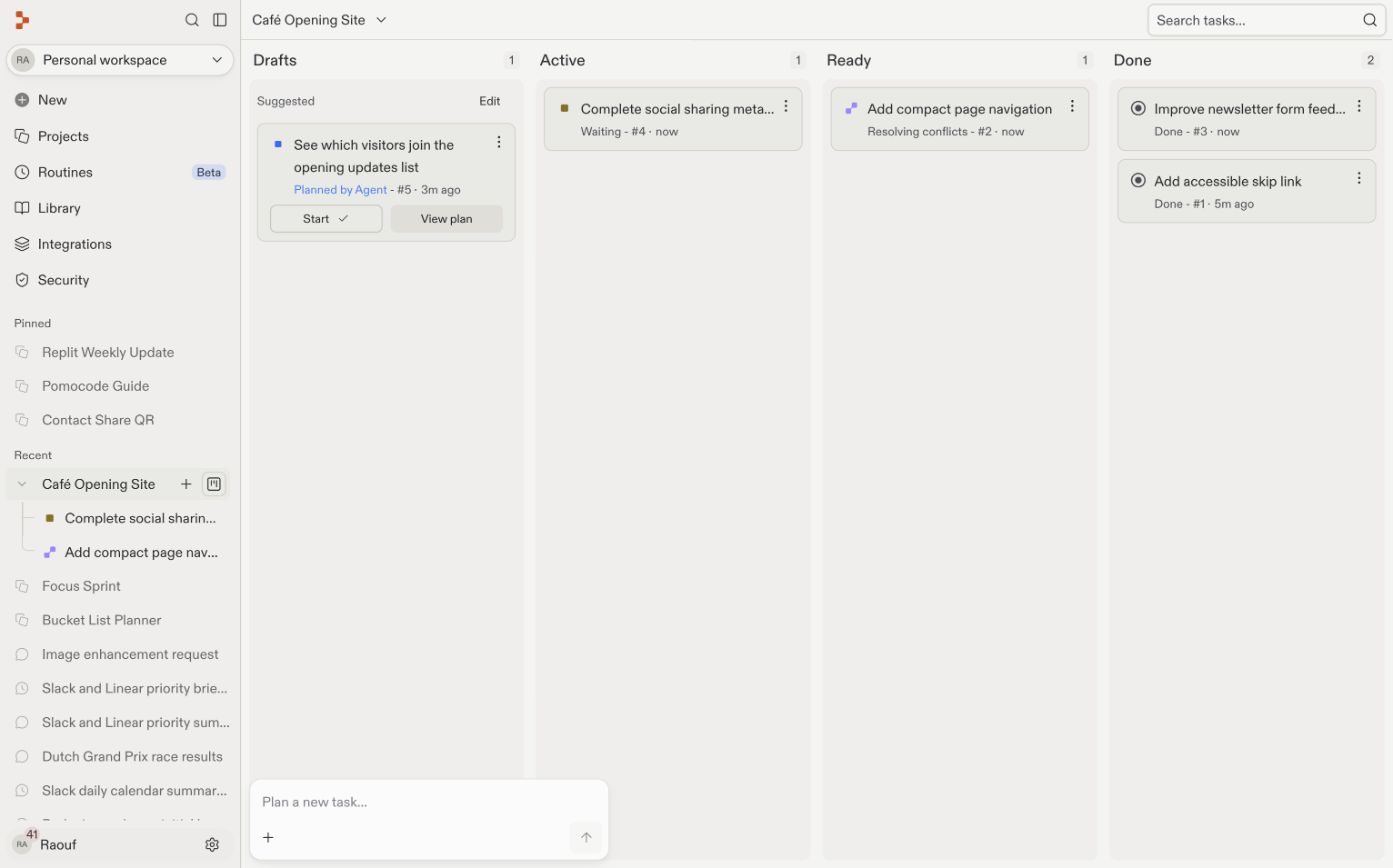 Task board showing Agent resolving conflicts while applying a task