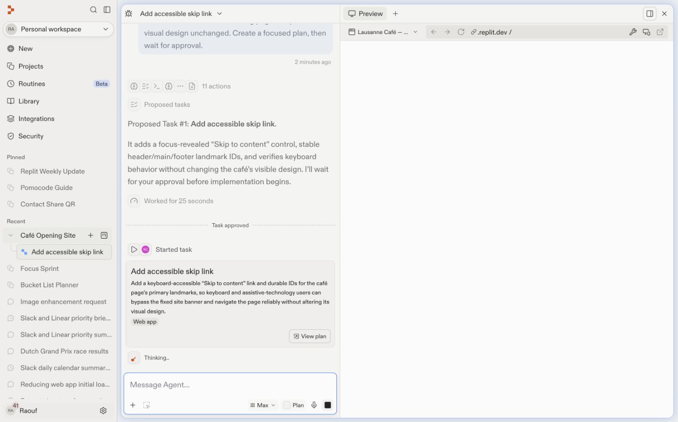 An approved task starting to build, with the task conversation beside the Preview