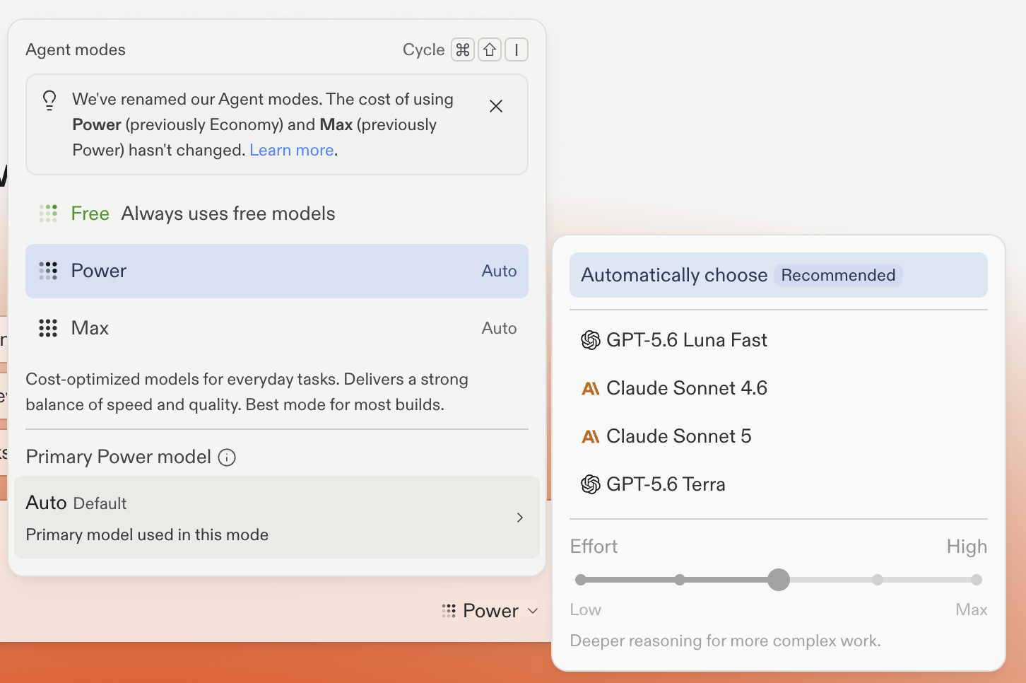 Agent modes popover showing Free, Power, and Max modes with Power selected, a Primary model list, and an Effort slider