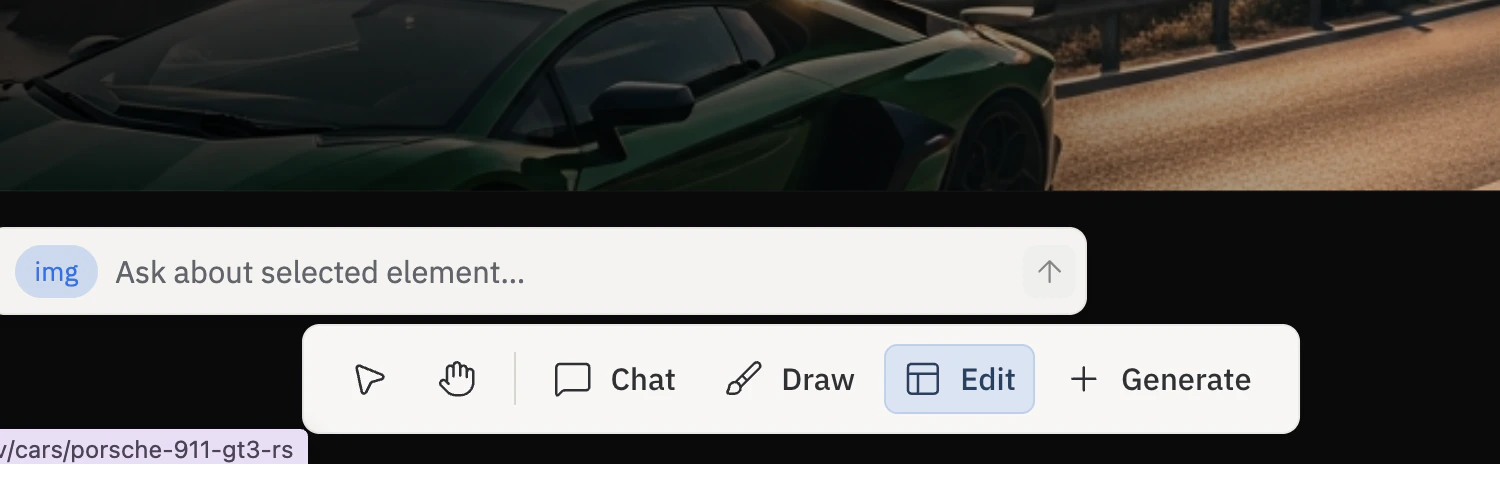 Close-up of the inline prompt for a selected element on Canvas: an 'img' chip followed by 'Ask about selected element…' placeholder text and a send button.