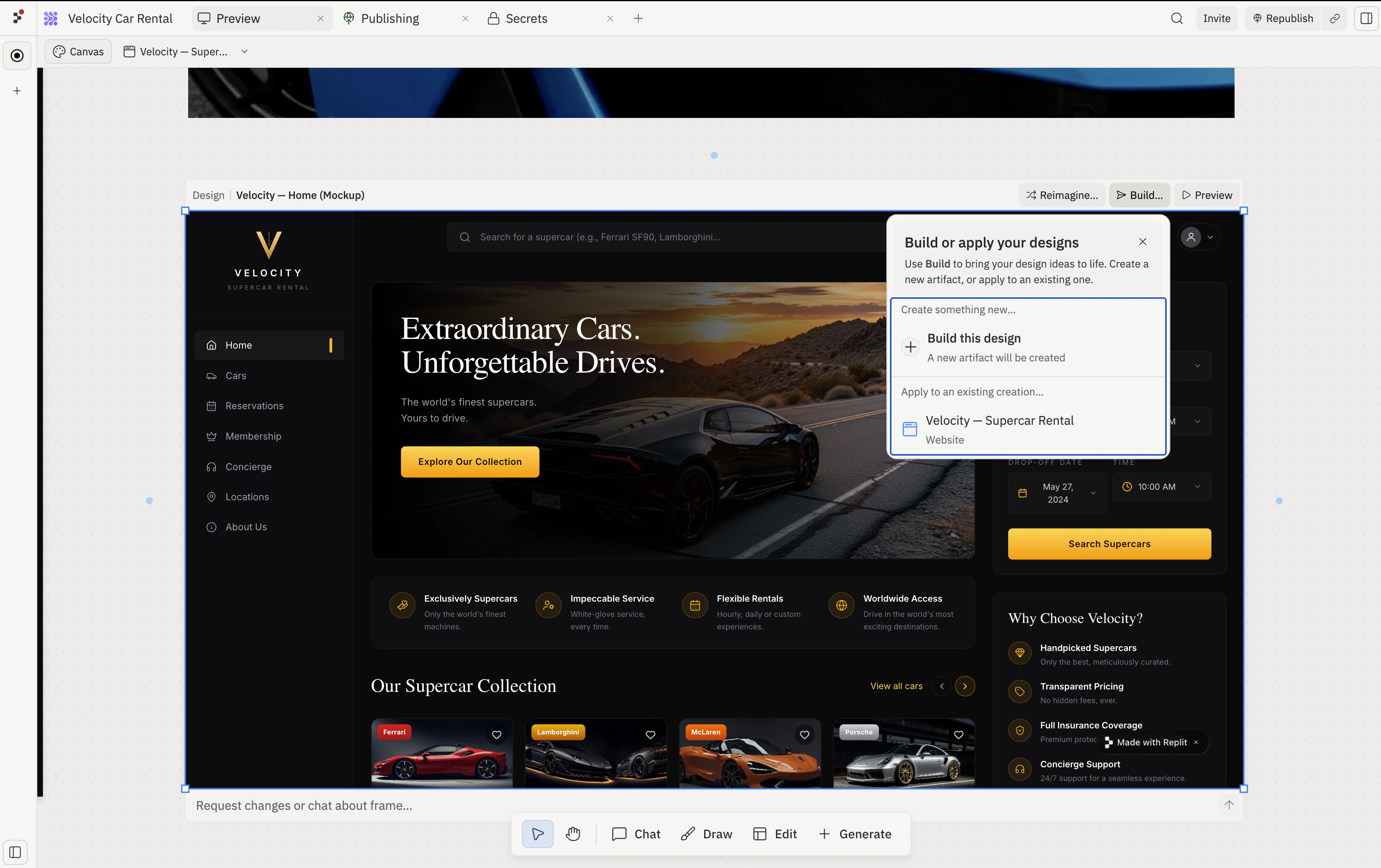 Build… menu open on a selected Design frame with the header 'Build or apply your designs'. Two sections are visible: 'Create something new…' with a 'Build this design — A new artifact will be created' option, and 'Apply to an existing creation…' listing the project's Website artifact (Velocity — Supercar Rental).