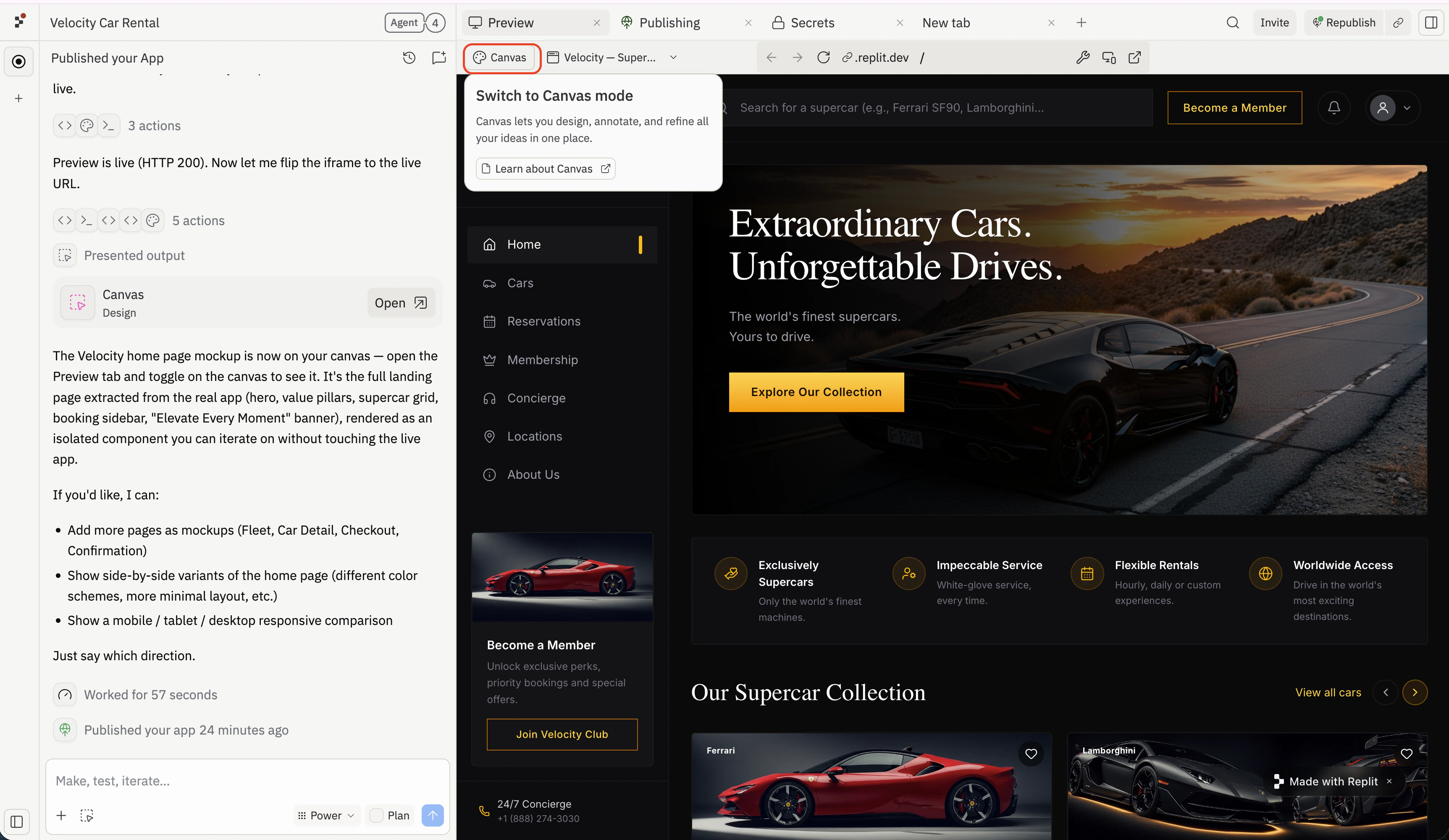 The Preview tab in the Project Editor with the Canvas button highlighted and its tooltip open, reading 'Switch to Canvas mode — Canvas lets you design, annotate, and refine all your ideas in one place.'