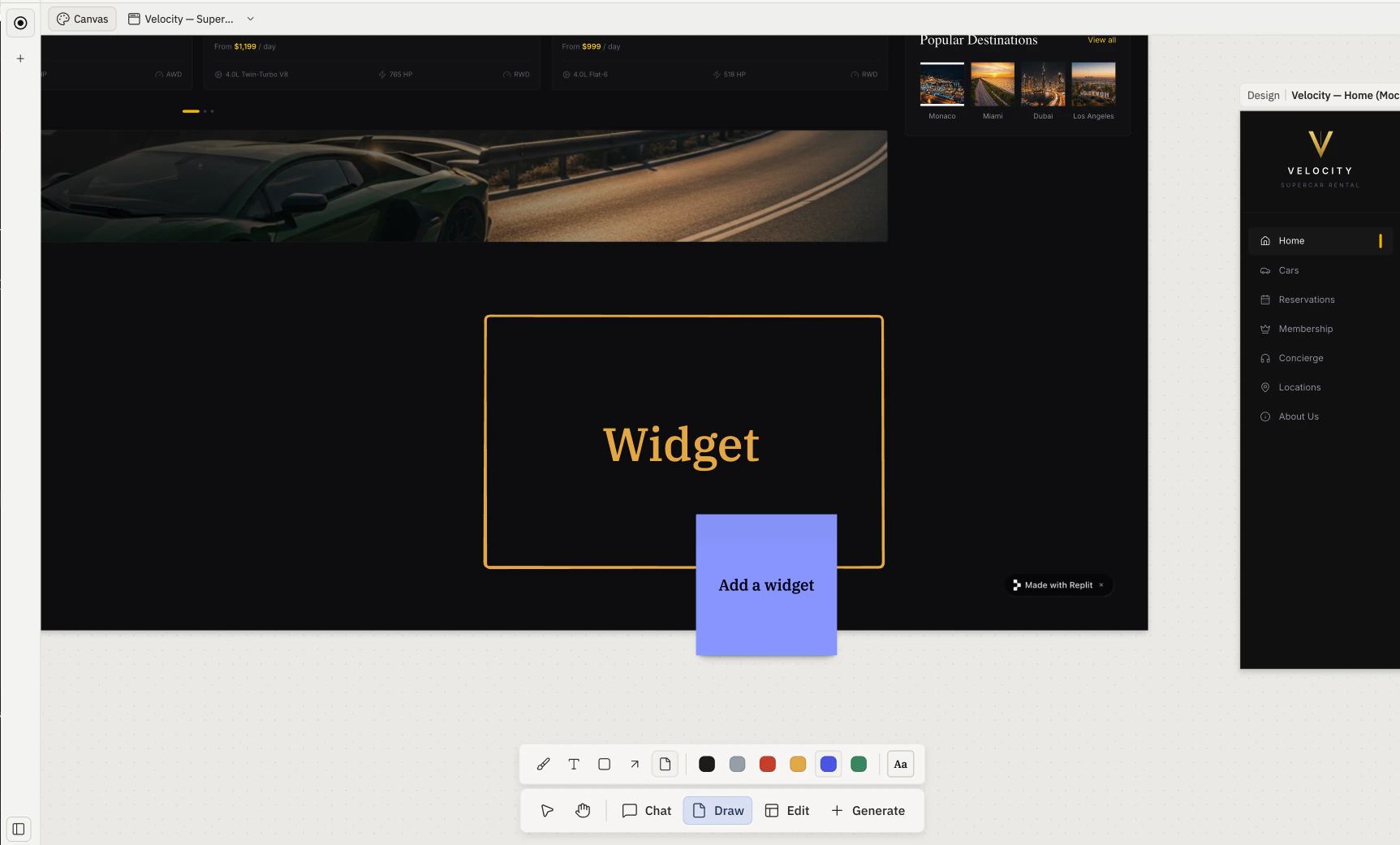 Canvas with the Draw tool active — a drawn 'Widget' rectangle and a purple 'Add a widget' sticky note are placed next to a frame. The Shape properties bar (pencil, text, rectangle, arrow, sticky-note tools plus color swatches and an Aa text-size control) is visible above the floating toolbar, with Draw highlighted.