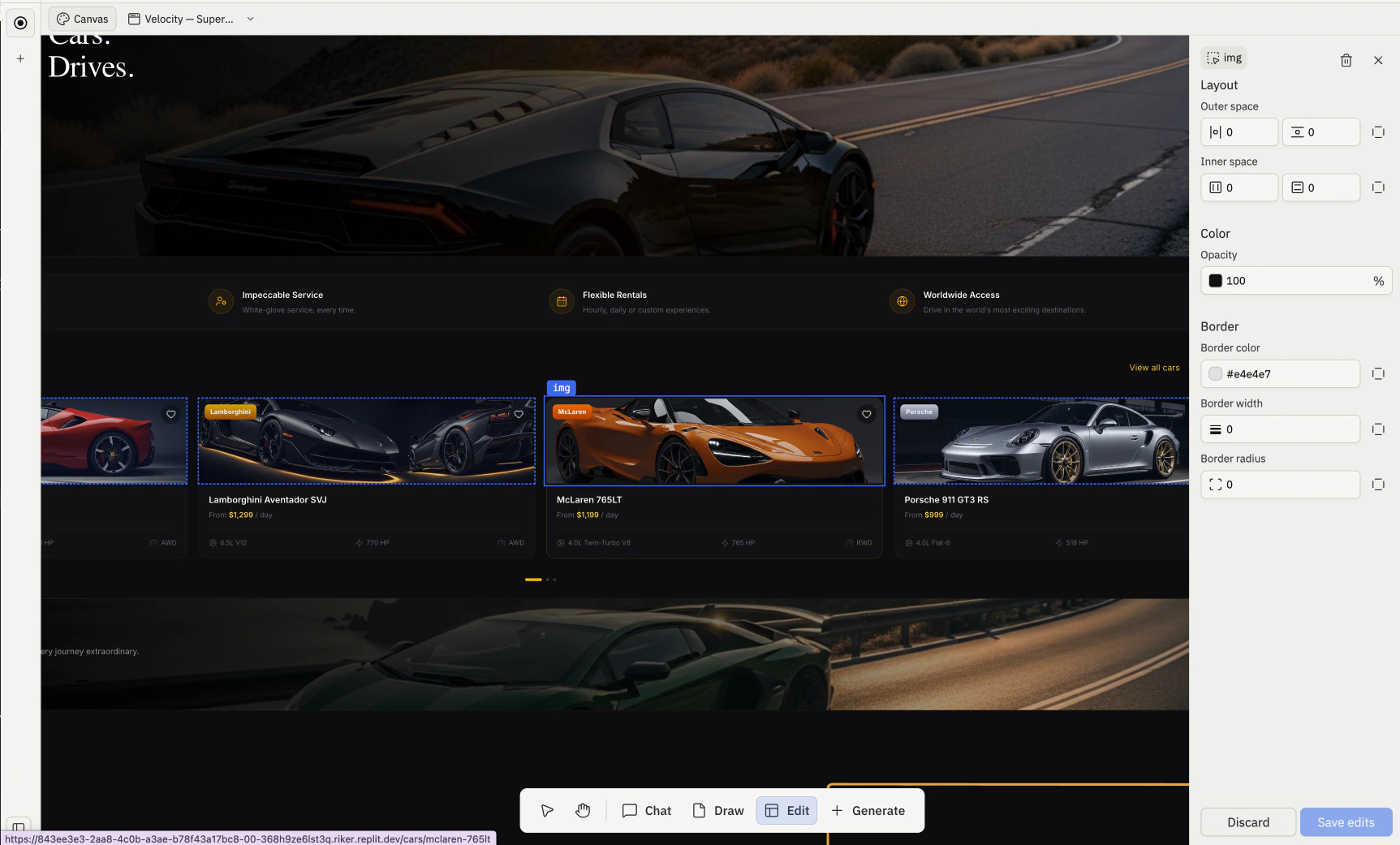 Canvas with the Edit tool active — an image element in a Website artifact is selected (highlighted in blue with an 'img' chip label), and the Visual Editor panel shows Layout (Outer/Inner space), Color (Opacity), and Border (color, width, radius) controls plus Discard and Save edits buttons.
