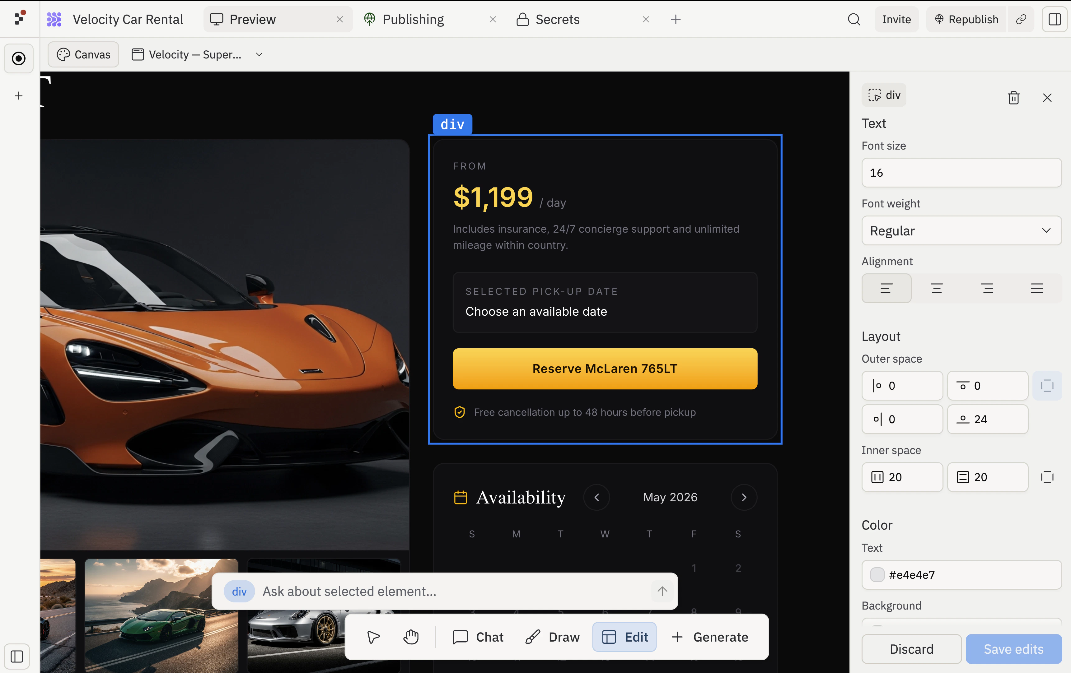 Canvas with a div element selected (the McLaren booking sidebar). The Visual Editor panel on the right shows Text (Font size 16, Font weight Regular, Alignment), Layout (Outer space 0/0, Inner space 20/20 with link toggles, plus a 24px gap), Color (Text #e4e4e7), and Background sections.