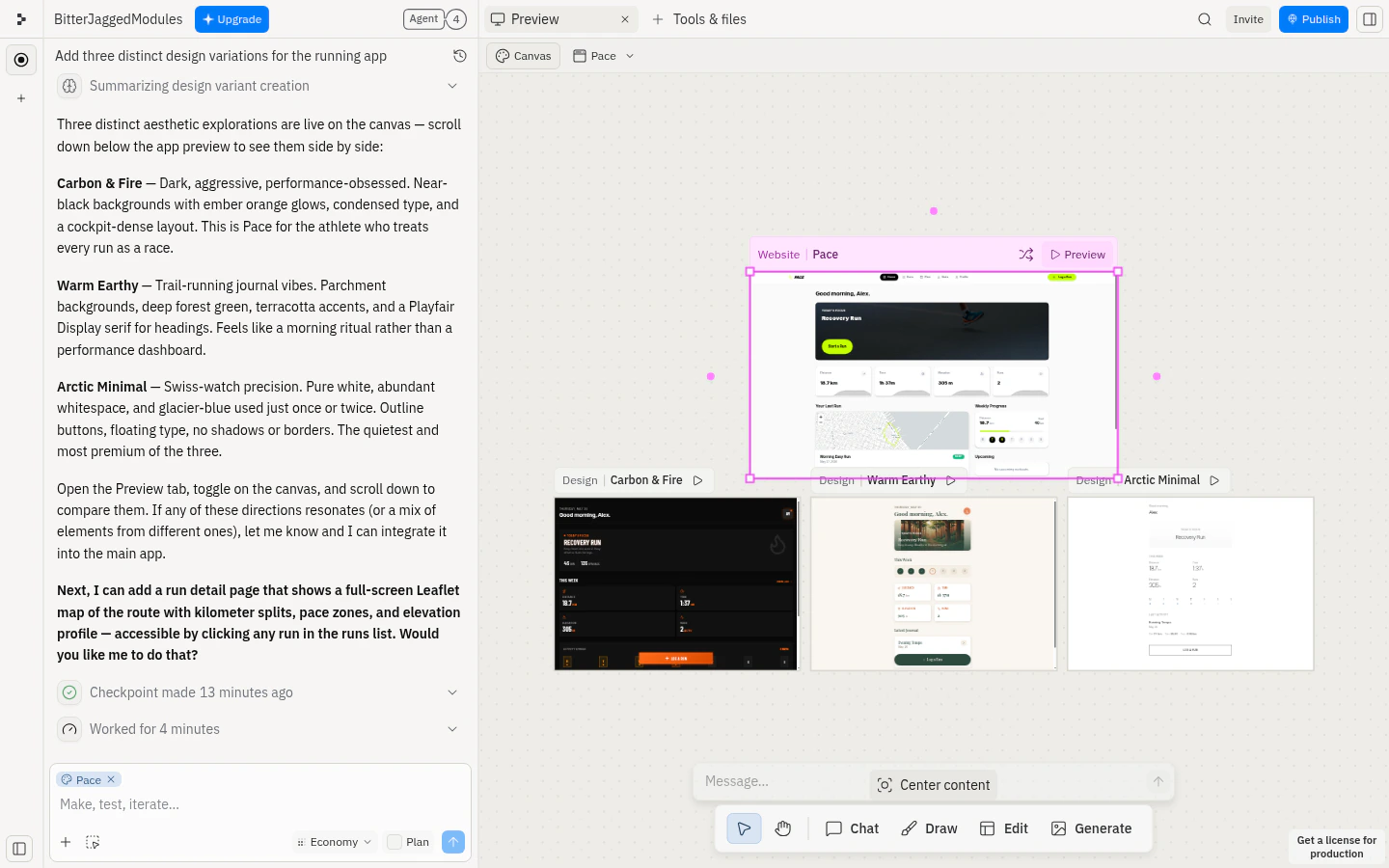 Canvas with a Velocity Website frame selected, showing the per-frame action bar across the top with the kind label and Preview button, and three Reimagine-generated Design variants laid out below it.