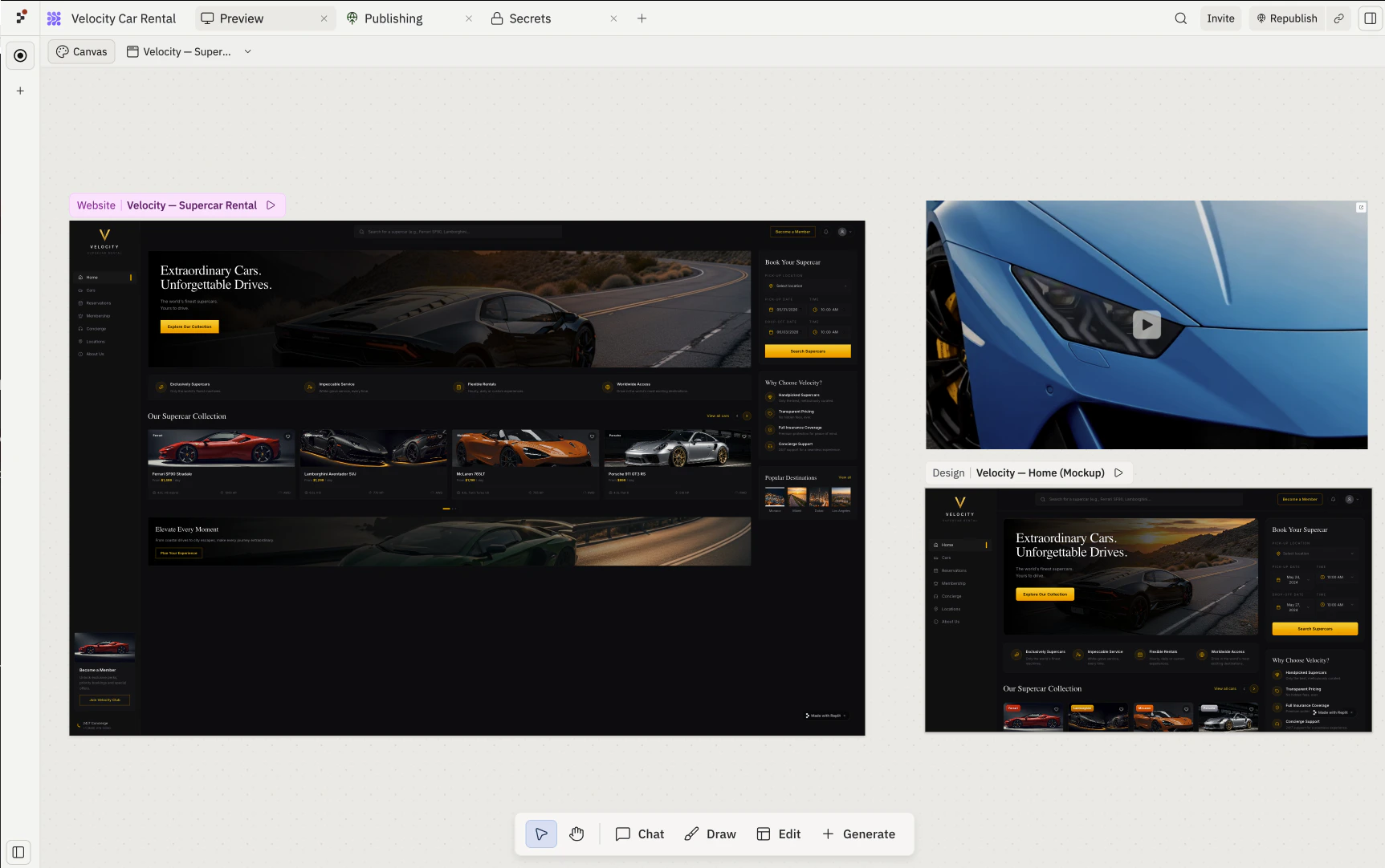 Two frames laid out on Canvas: a Website artifact (Velocity — Supercar Rental) on the left and a Design mockup (Velocity — Home (Mockup)) on the right.