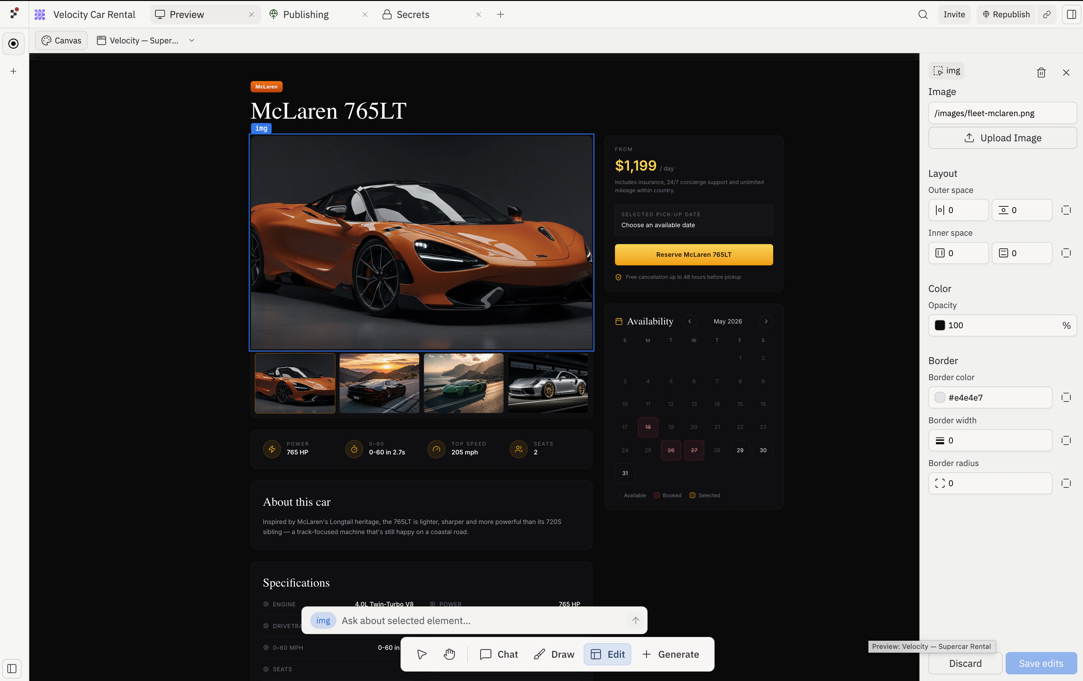 A McLaren 765LT detail page in focus mode (labelled 'Preview: Velocity — Supercar Rental' at the bottom-right) with the McLaren image element selected (highlighted in blue with an 'img' chip). The Visual Editor panel is open, showing the Image source path, an Upload Image button, and Layout, Color, and Border sections.