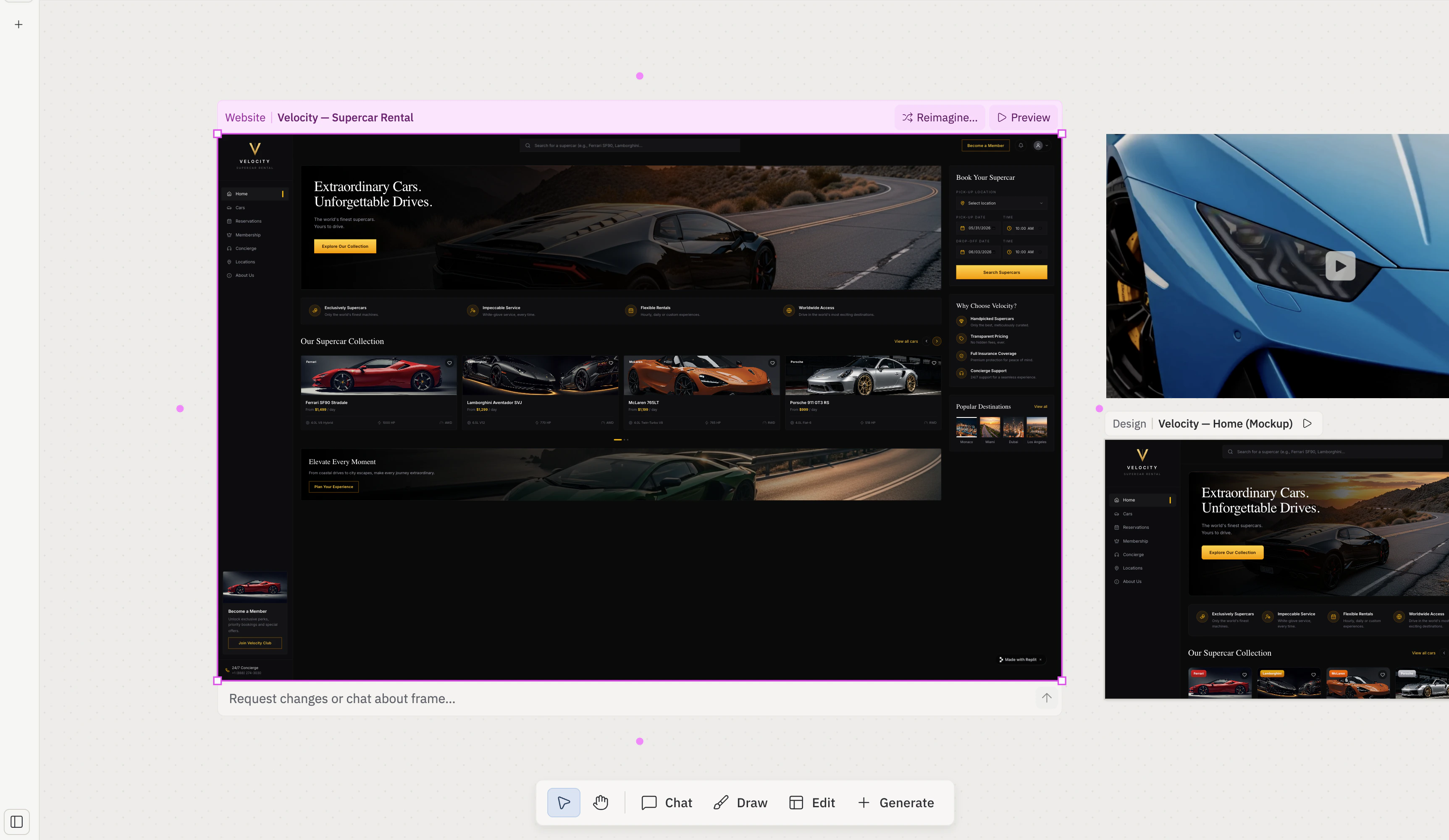 Canvas with a Website artifact selected using the Interact tool — the frame is outlined with pink selection handles, the per-frame action bar (Reimagine and Preview) is shown above it, and the inline 'Request changes or chat about frame…' input is shown below. The Interact tool is highlighted in the floating toolbar at the bottom.