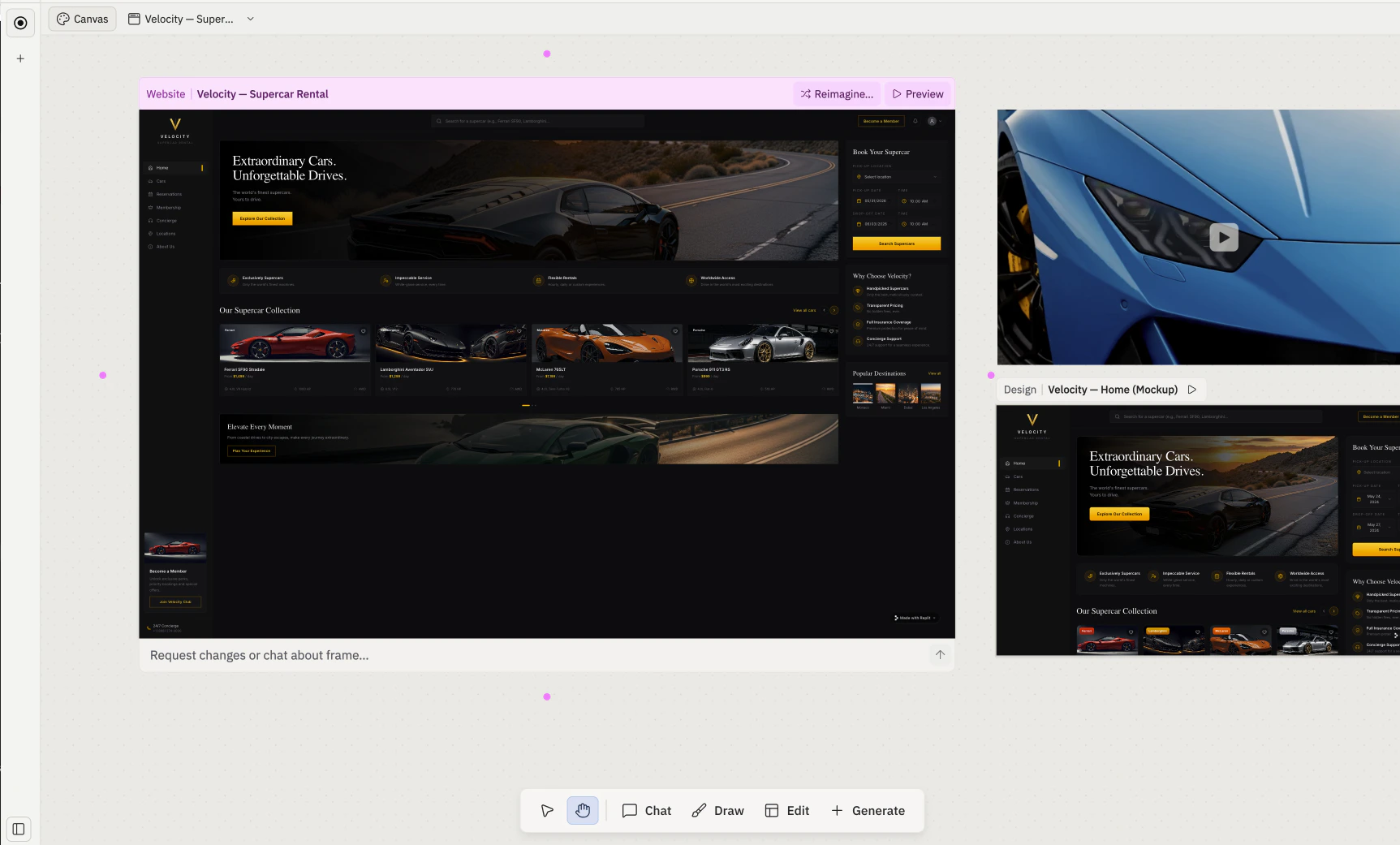Canvas with the Pan tool active — a Website artifact (Velocity — Supercar Rental) and a Design mockup (Velocity — Home (Mockup)) are visible on the board, and the Pan (hand cursor) tool is highlighted in the floating toolbar at the bottom.