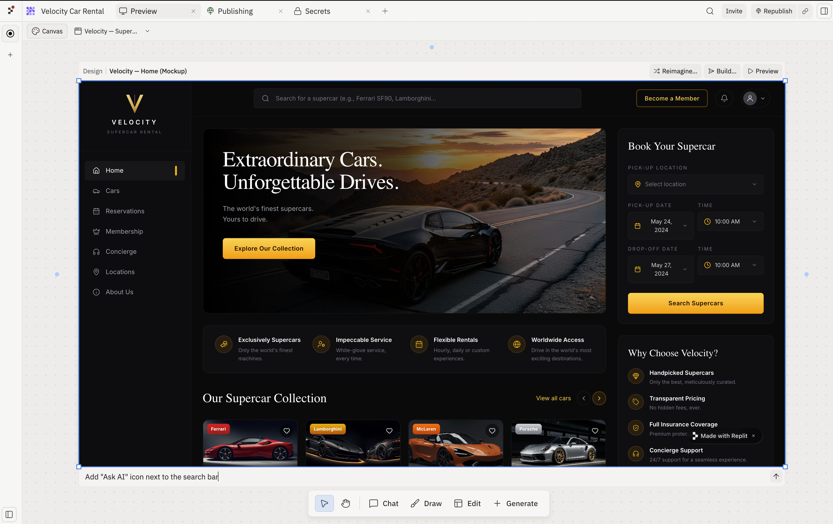 A selected Design frame (Velocity — Home (Mockup)) on Canvas with the per-frame action bar visible at the top (Reimagine, Build…, Preview) and the inline Refine input below the frame containing the prompt 'Add Ask AI icon next to the search bar'.