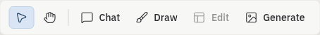 Close-up of the Canvas toolbar with icon-only Interact (selected) and Pan buttons on the left, then labeled Chat, Draw, Edit, and Generate buttons on the right