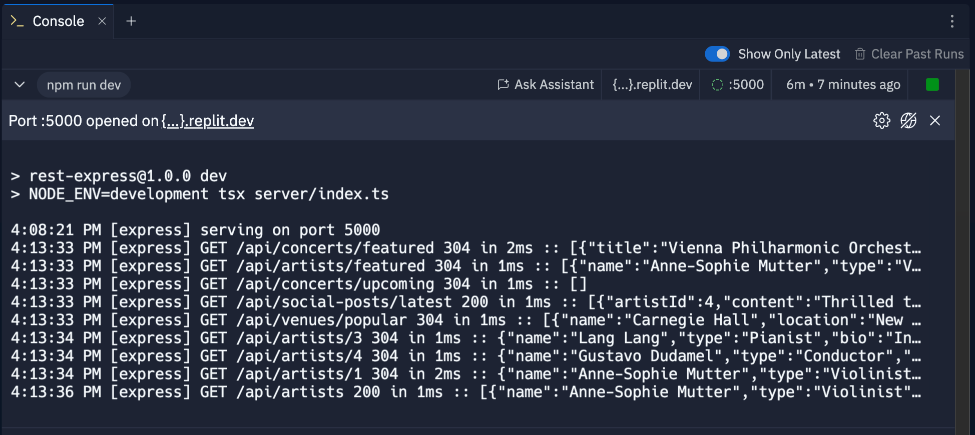 Console log entry showing the command run