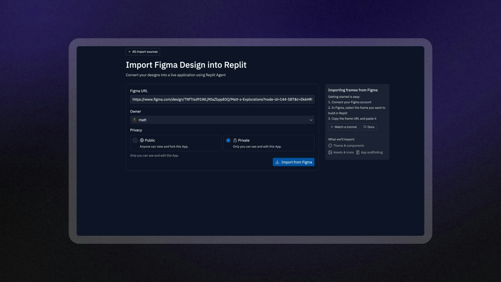 Selecting a frame in Figma for import