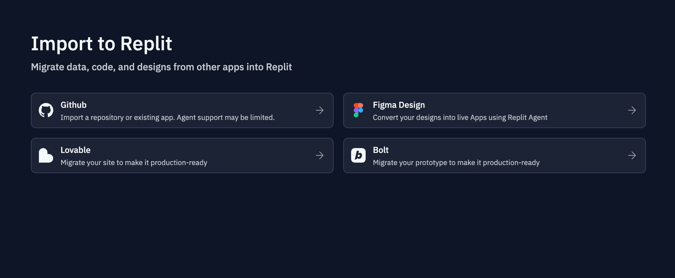 Replit import interface showing available sources