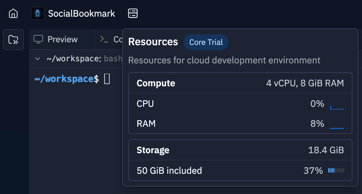screenshot showing the workspace resources panel
