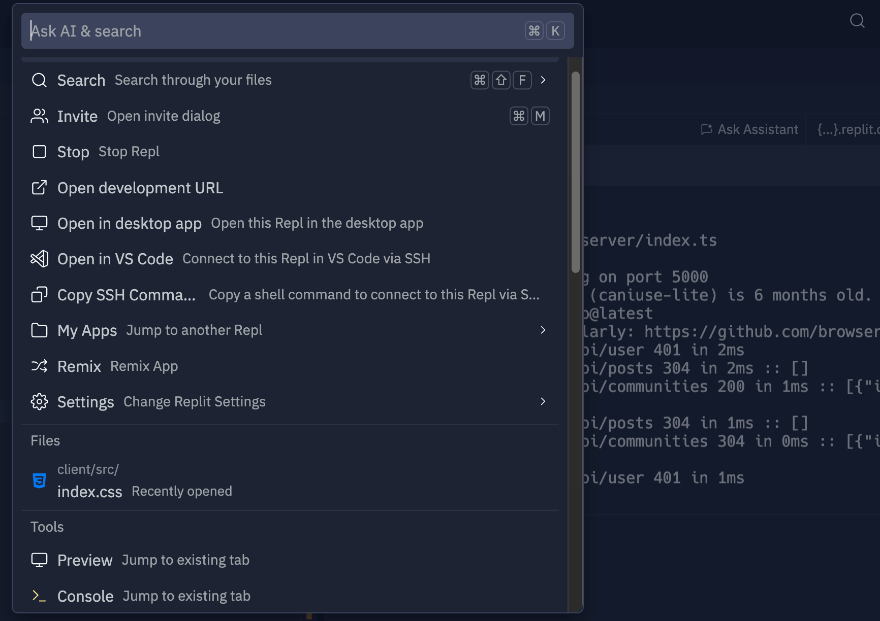 screenshot showing the workspace search menu