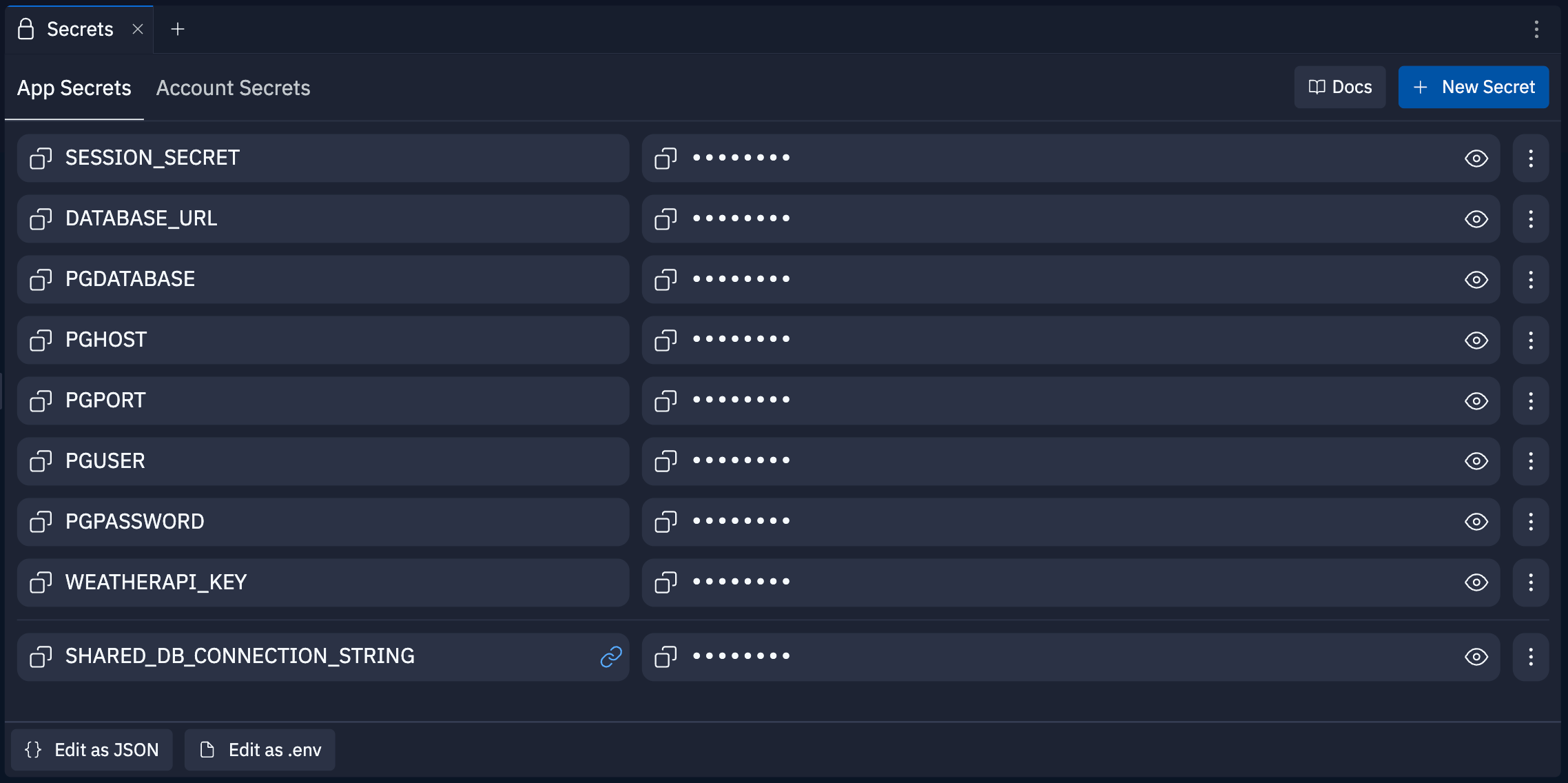 screenshot of the Secrets tool
