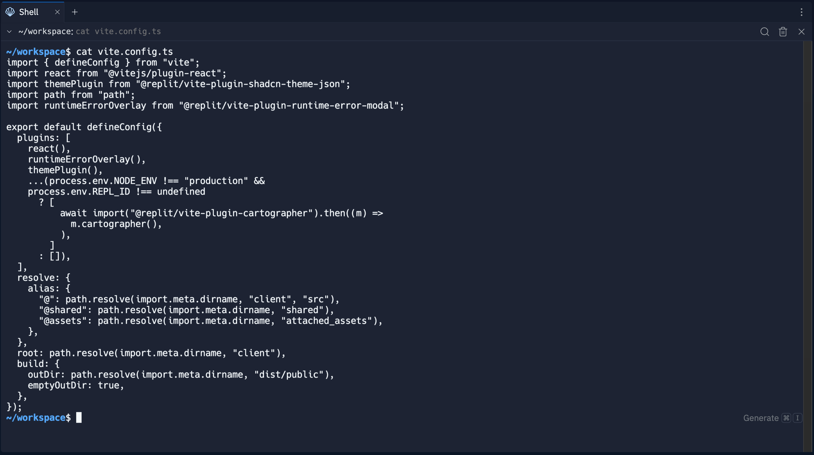 screenshot of the Shell workspace tool