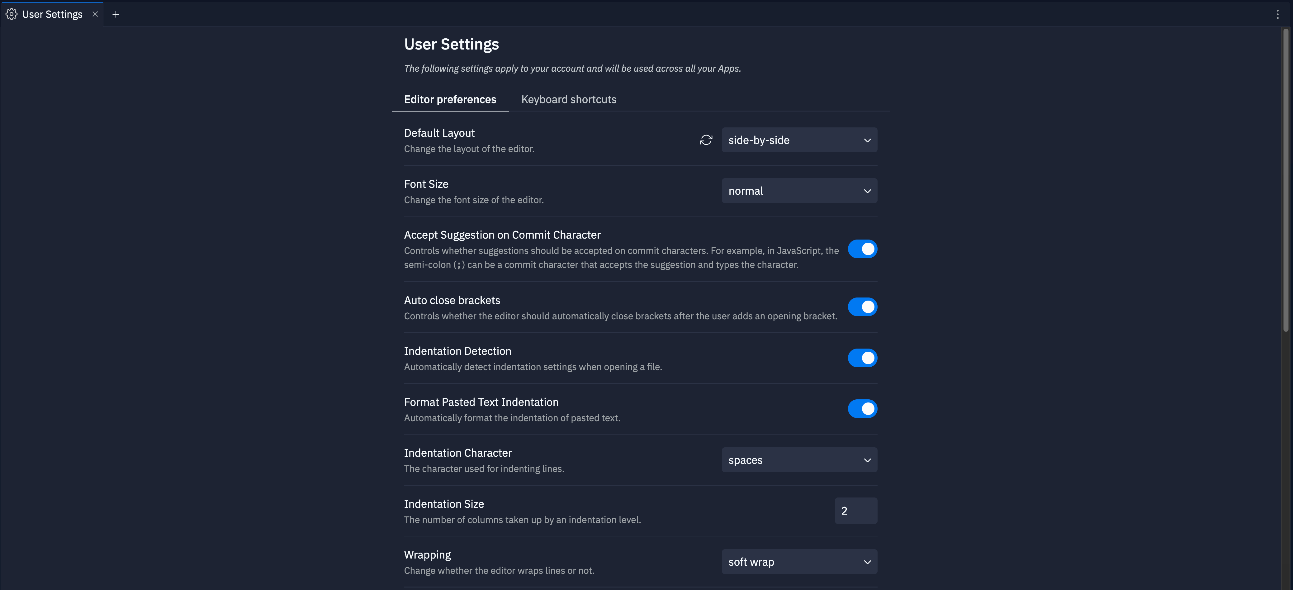 screenshot of the User Settings tool