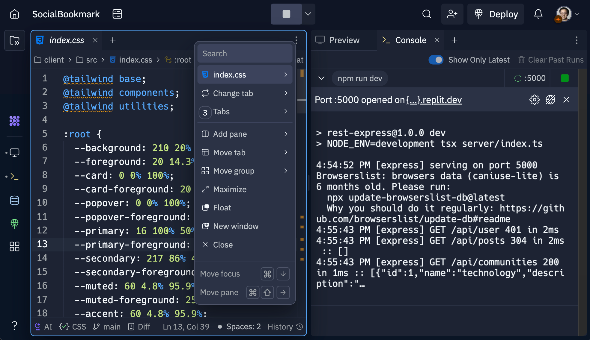 screenshot showing the workspace options menu