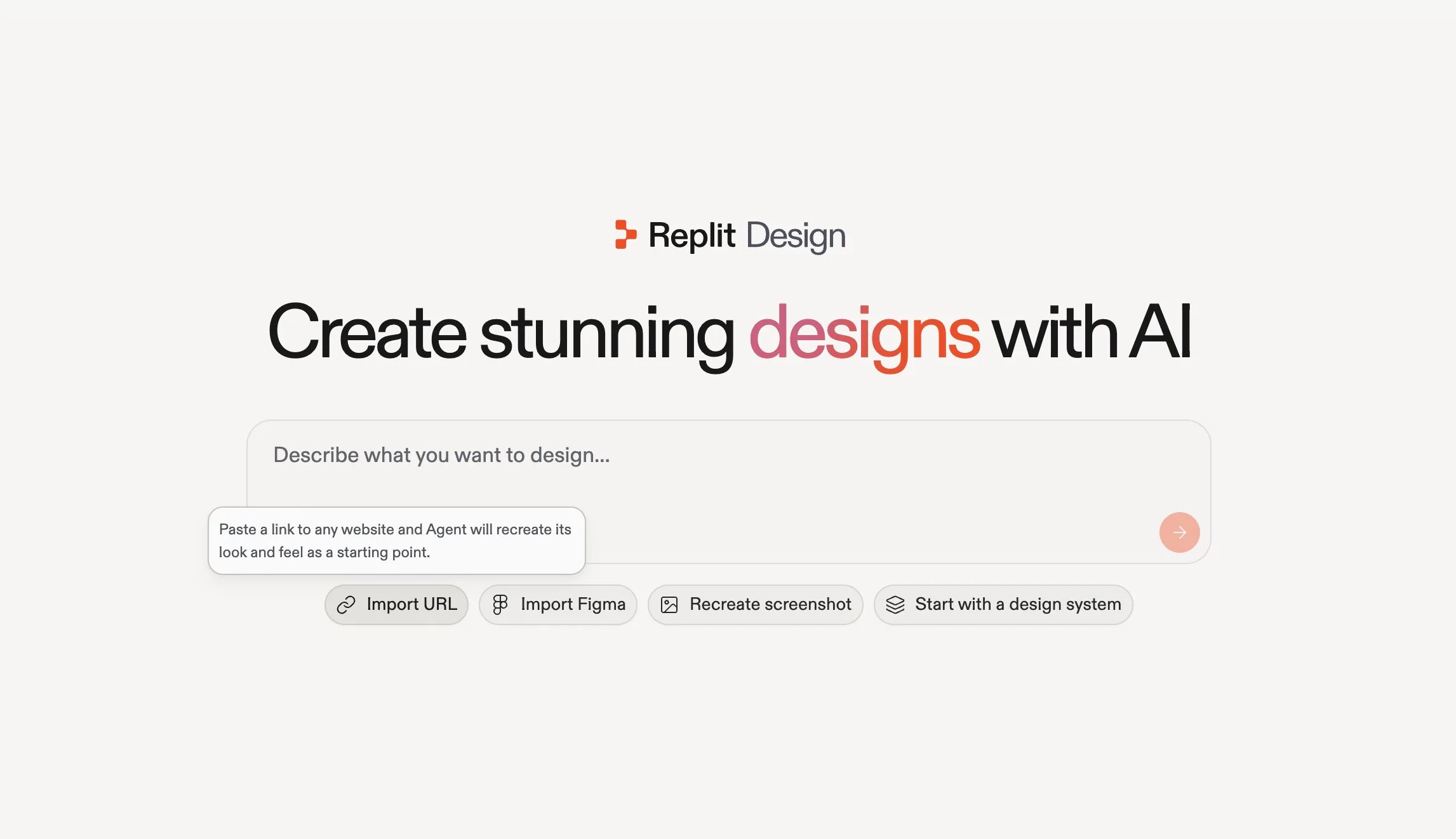 A página inicial do Replit Design com a opção Import URL selecionada e uma dica de ferramenta lendo Paste a link to any website and Agent will recreate its look and feel as a starting point