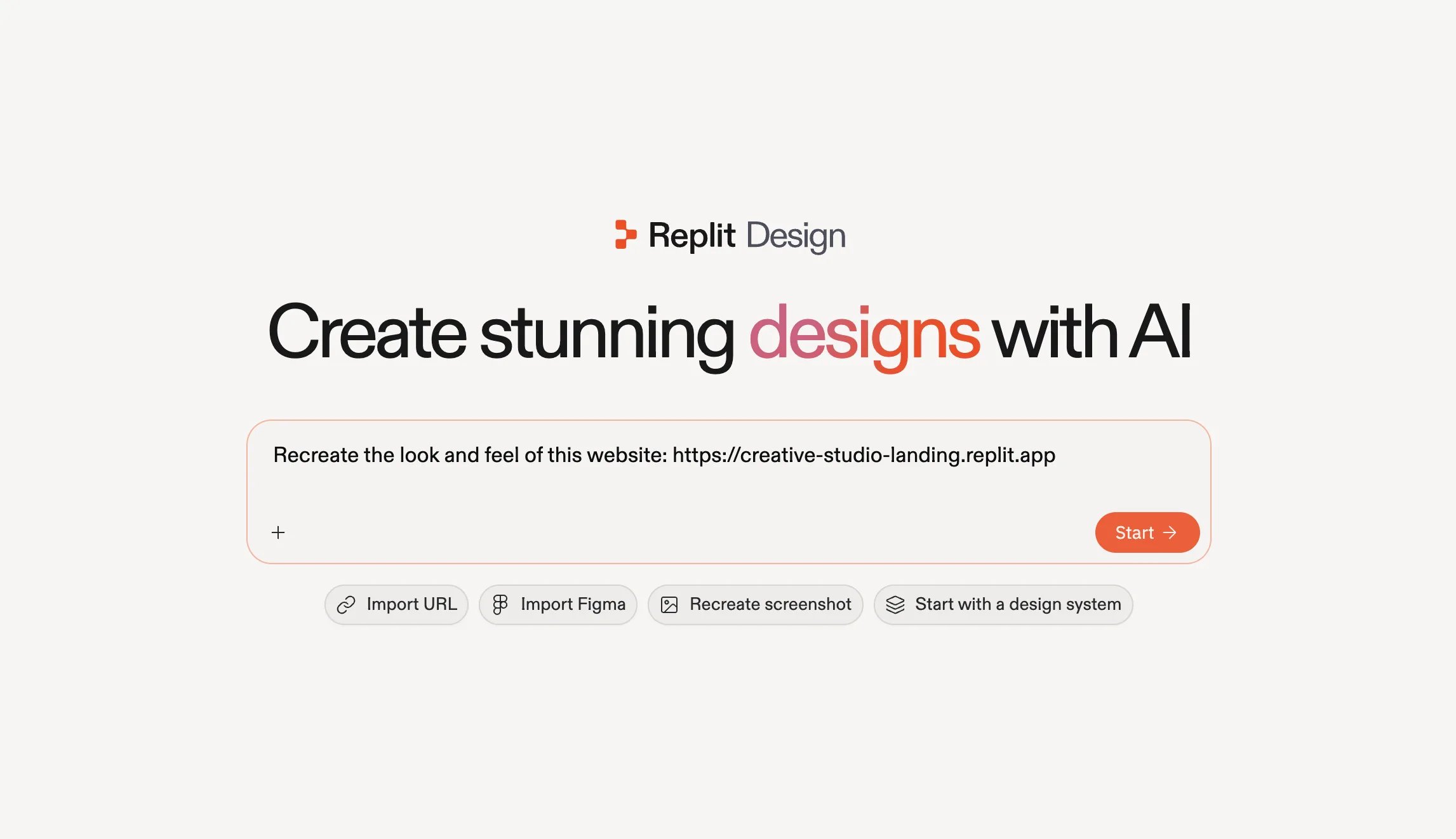 A caixa de prompt do Replit Design lendo Recreate the look and feel of this website seguida da URL de exemplo, com o botão Start
