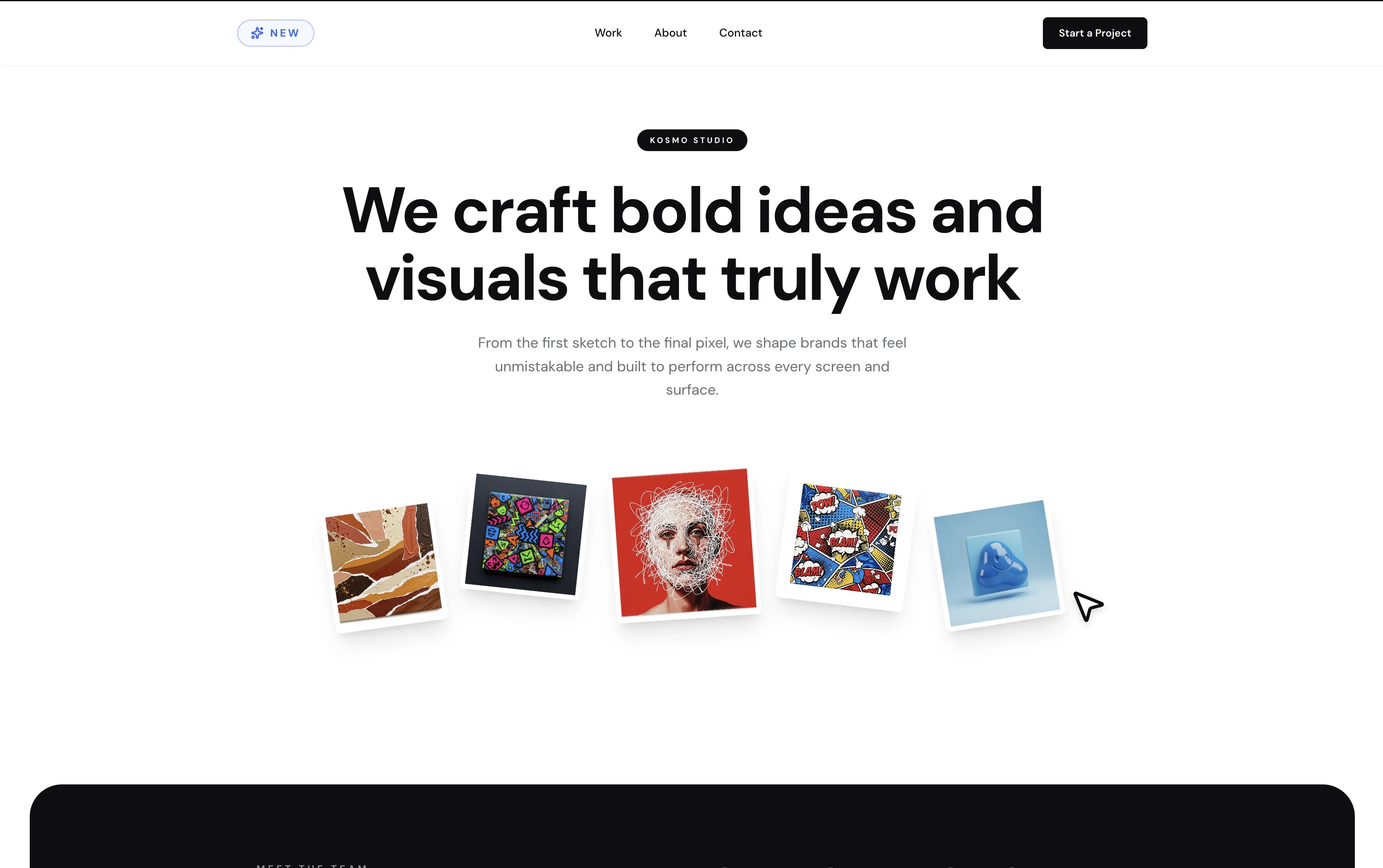 A landing page da Kosmo Studio com a manchete We craft bold ideas and visuals that truly work, acima de um leque de cartões de arte