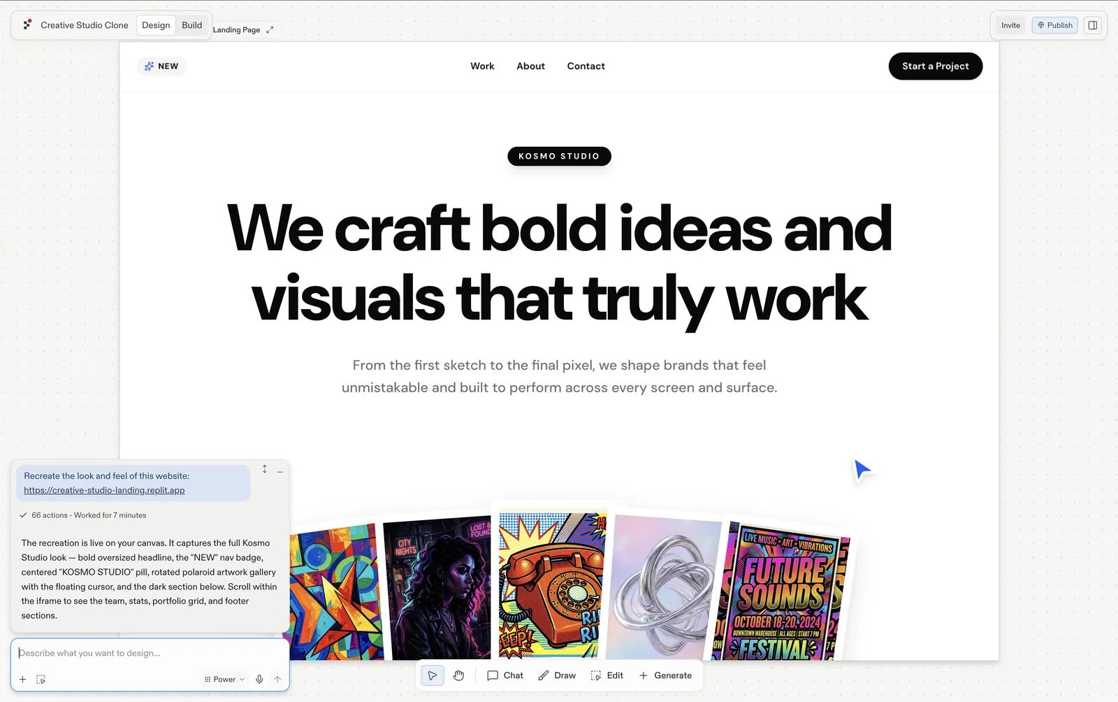 A landing page recriada da Kosmo Studio como um frame de design no Replit Design, com a execução marcada como concluída no painel de chat