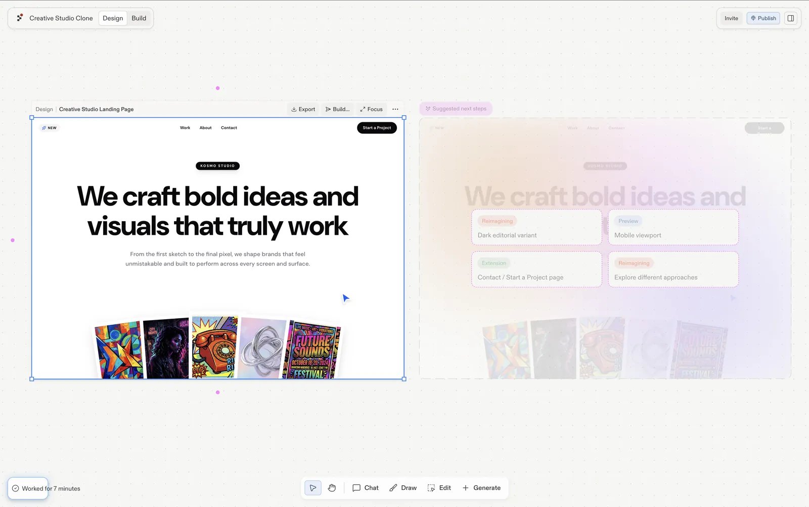 O frame recriado do Creative Studio selecionado no Replit Design, com o painel de Próximos passos sugeridos ao lado propondo uma variante editorial escura, uma viewport mobile, uma página de contato e abordagens diferentes
