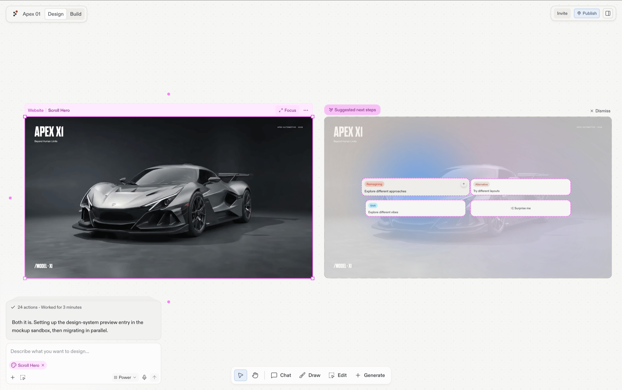 A selected Website frame showing an APEX X1 supercar hero, with a Suggested next steps panel beside it offering suggestion chips such as Explore different approaches, Try different layouts, Explore different vibes, and Surprise me