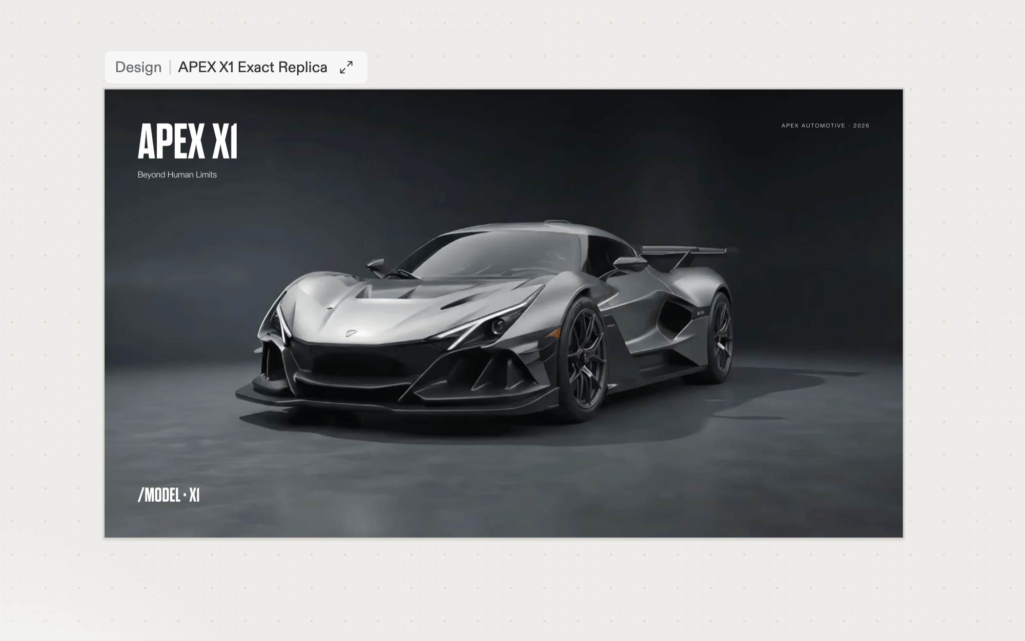 APEX X1 Exact Replicaというラベルのついた、Canvas上のグレーのスーパーカーヒーローページを表示するDesignフレーム