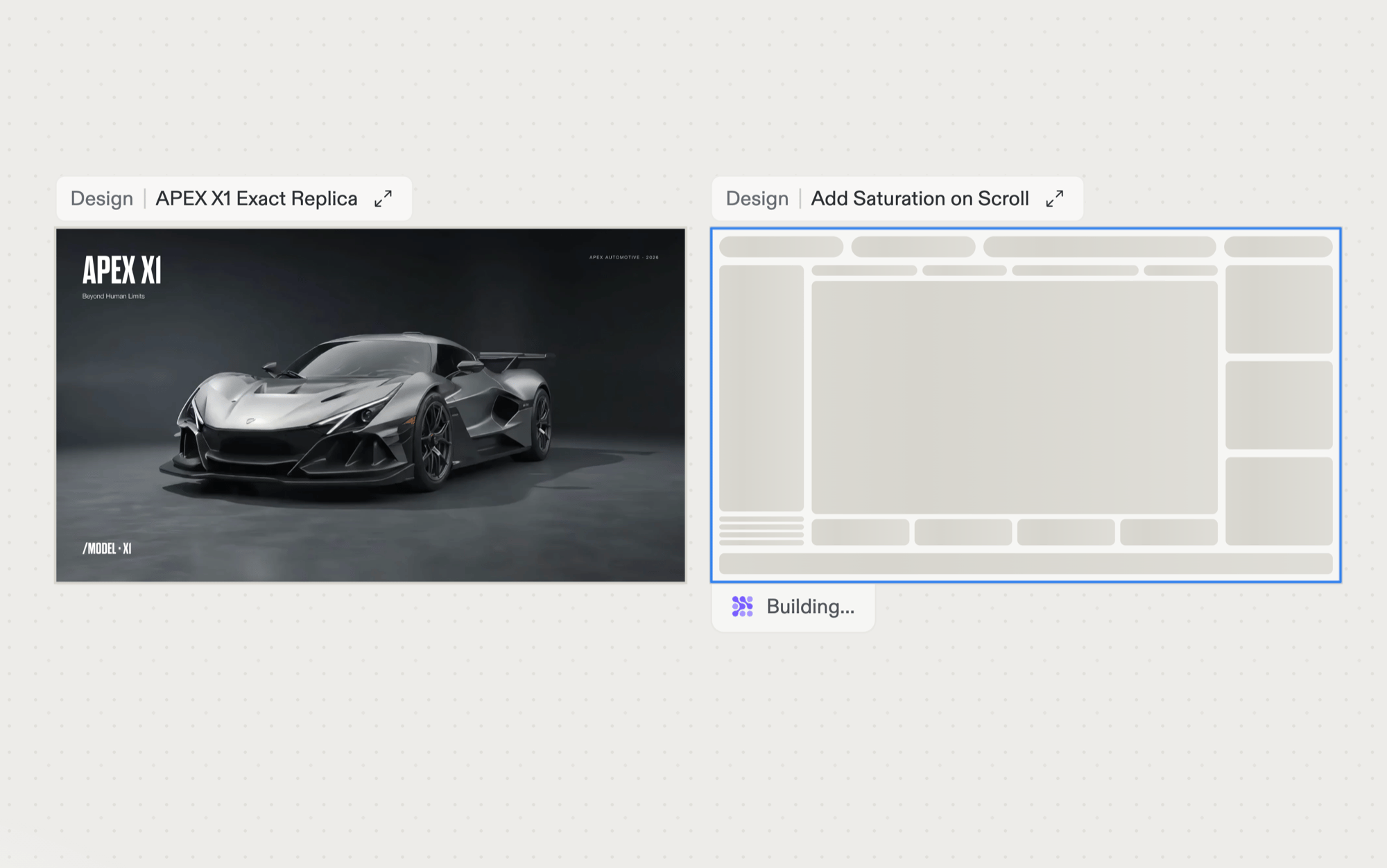 「Add Saturation on Scroll」というタイトルの新しいDesignフレームが、Building…の表示とともにスケルトンレイアウトとしてレンダリングされている様子。隣には元のAPEX X1フレームがある