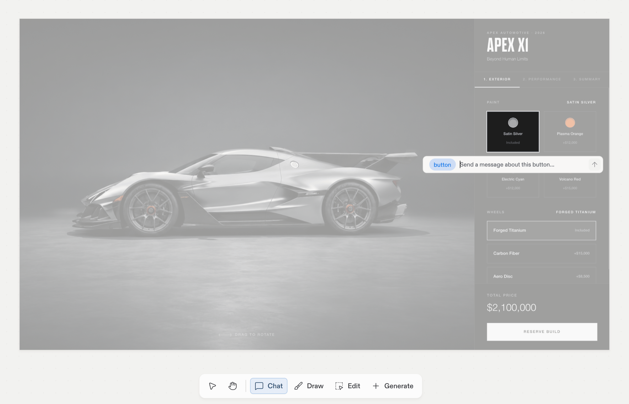 The Chat tool active with a button element selected on a supercar configurator page: the board is dimmed and a composer reads 'Send a message about this button…' with a button chip attached